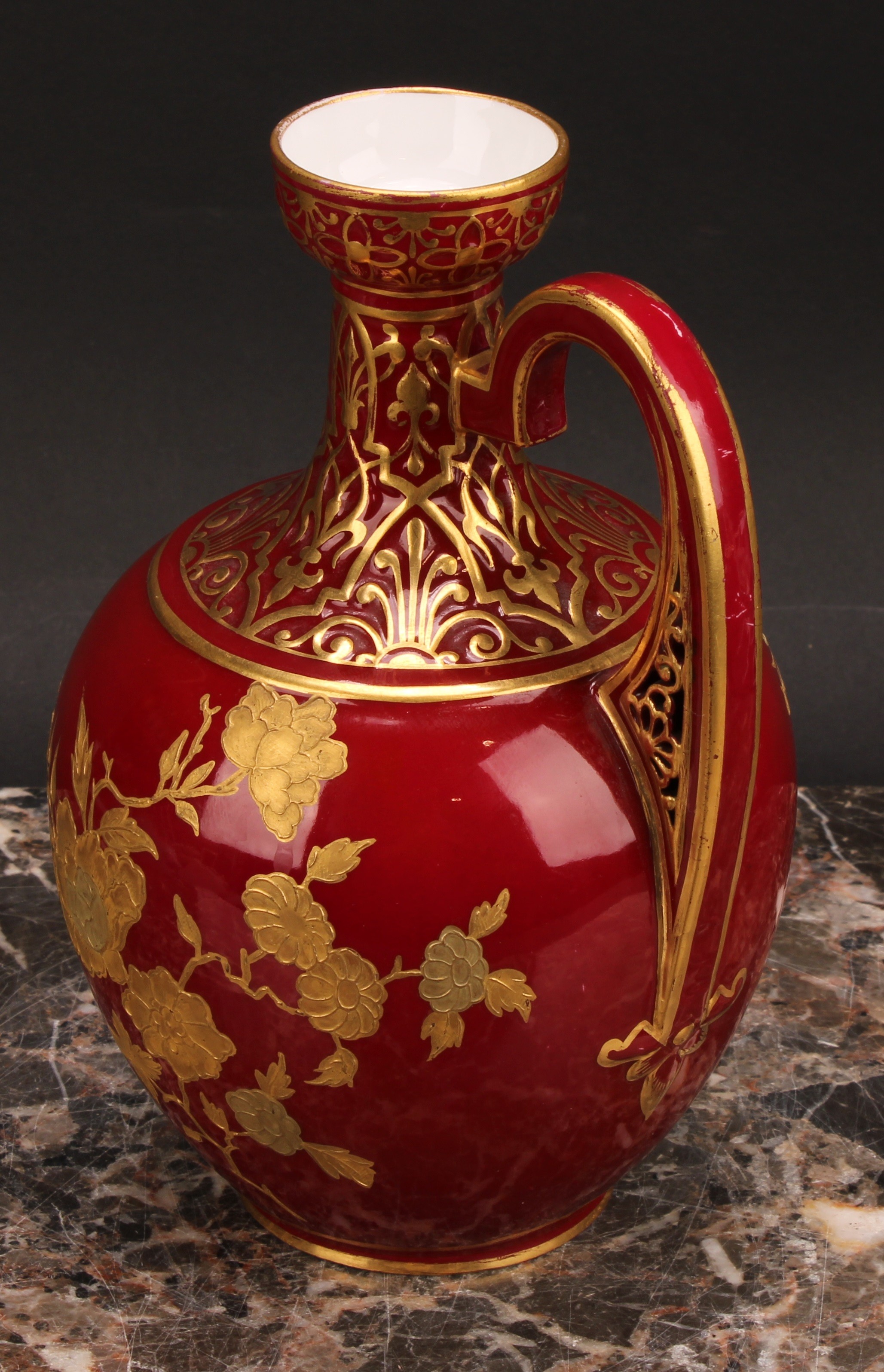 A Royal Crown Derby ovoid ewer, decorated in the Aesthetic manner, with raised gilt flowers on a red - Image 4 of 8