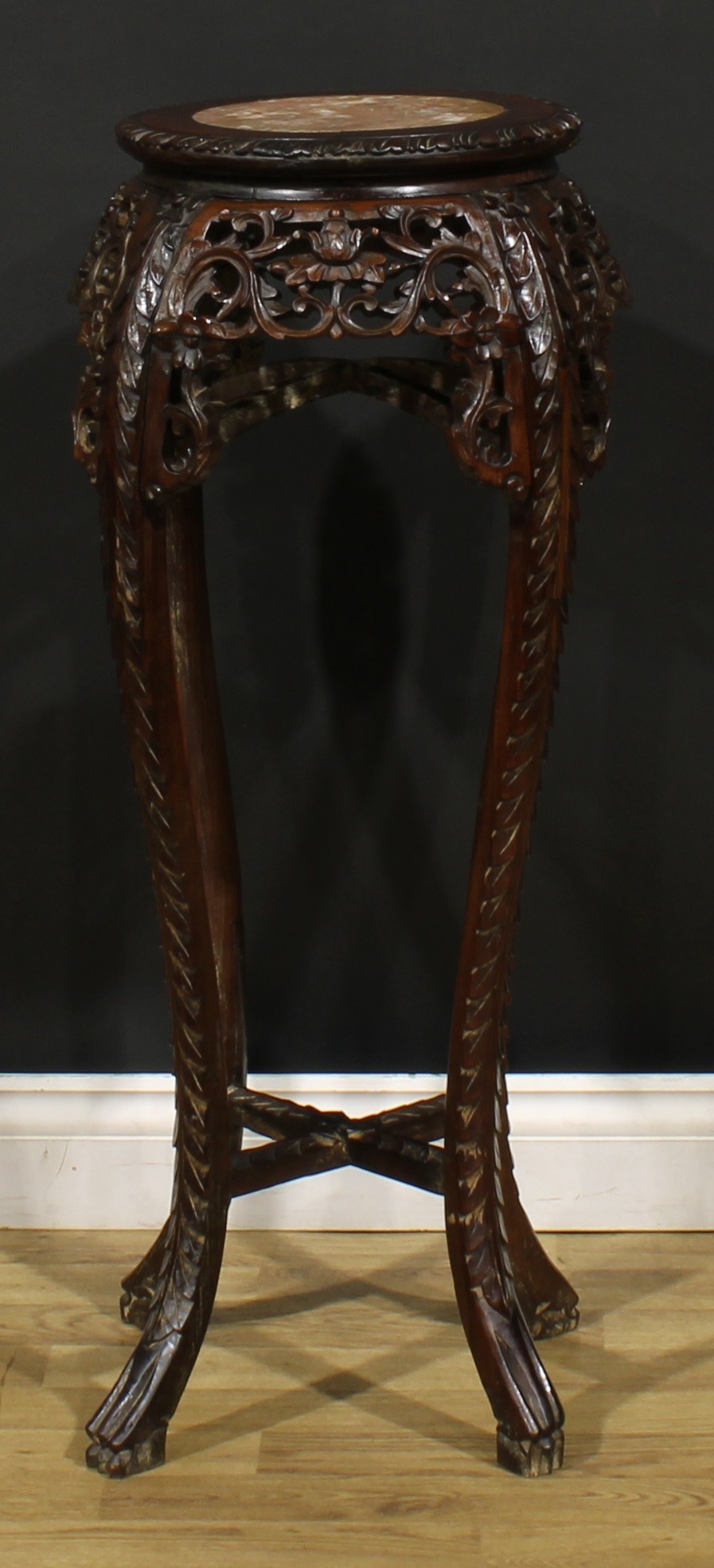 A Chinese hardwood jardiniere stand, circular top with foliate carved edge and inset marble panel, - Image 2 of 5