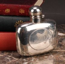A Victorian silver curved rounded rectangular hip flask, domed hinged bayonet cap, 7.5cm wide,