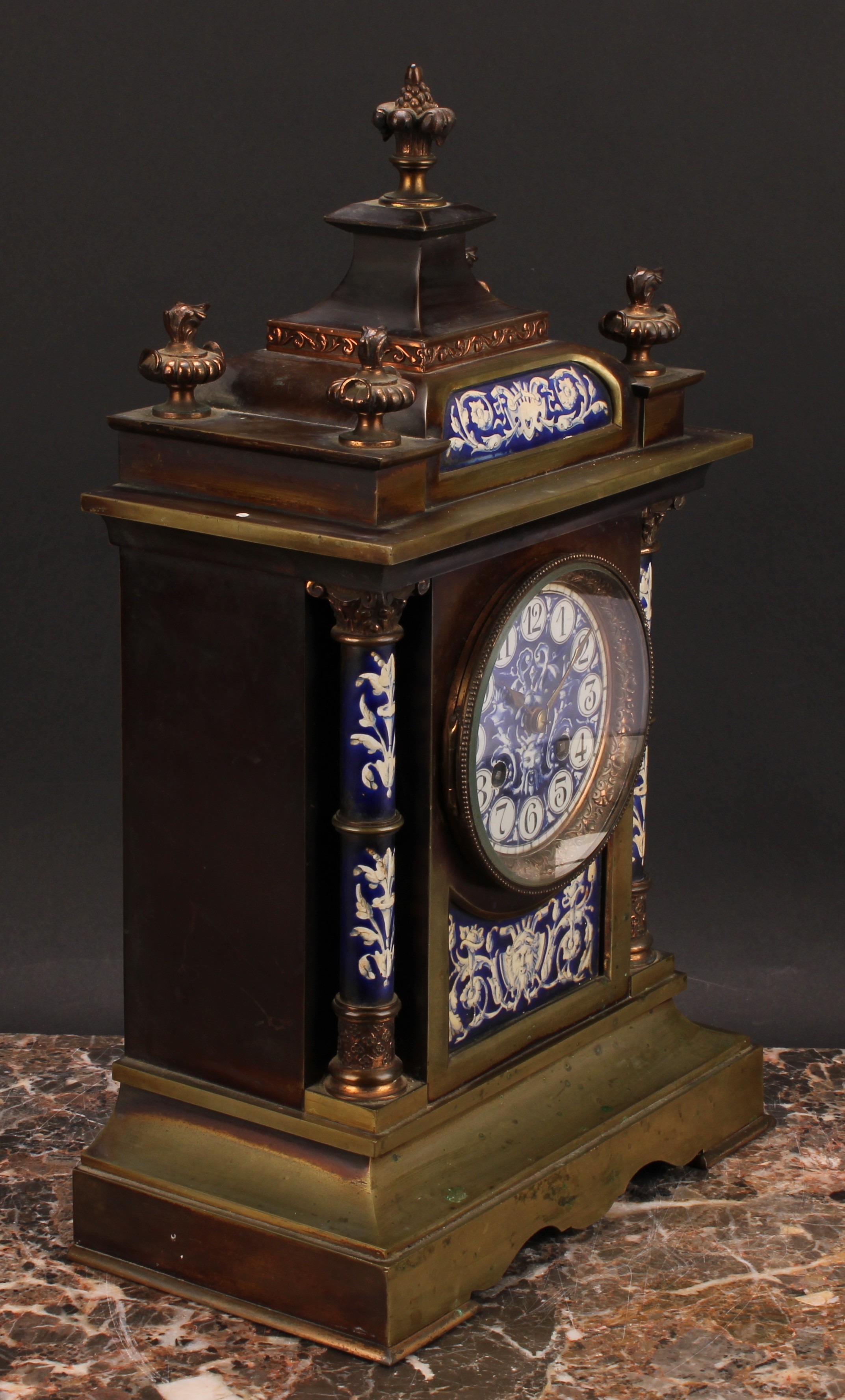 A late 19th century French porcelain mounted gilt brass architectural mantel clock, the 9cm circular - Image 2 of 2