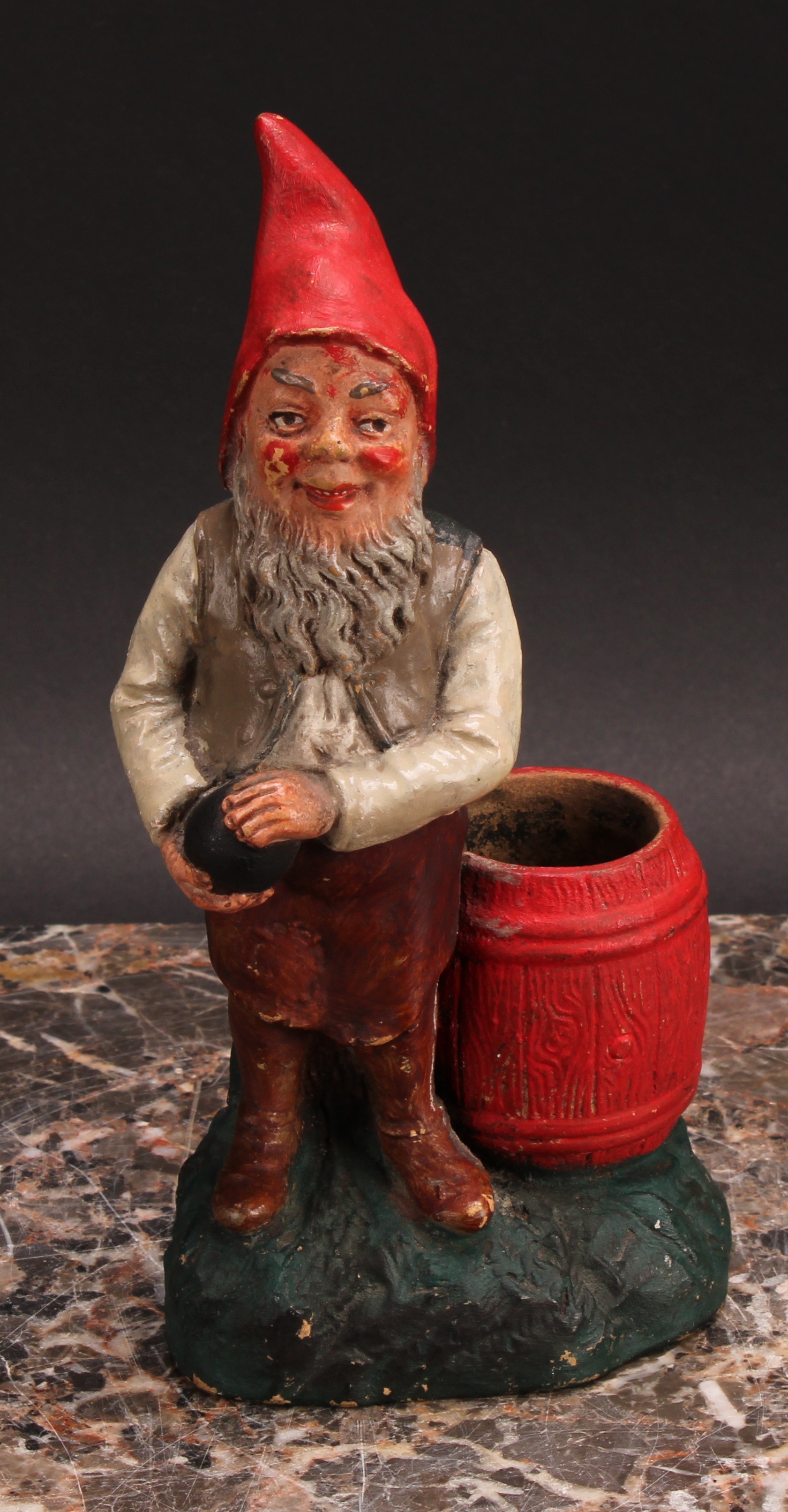 An Austrian terracotta gnome, by Johann Maresch, he stands, playing bowls, 23cm high, impressed - Image 2 of 6