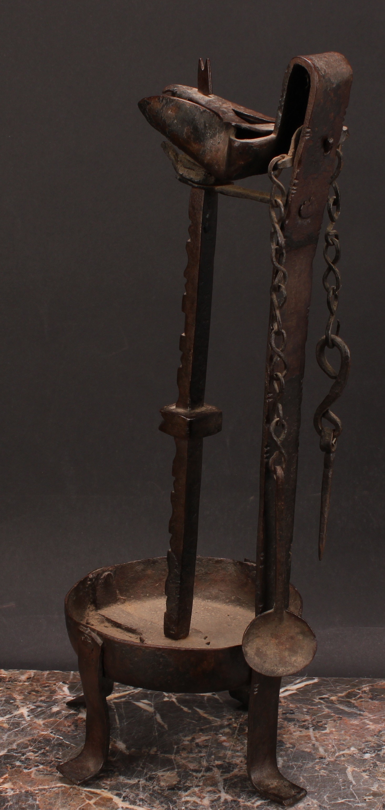 A 19th century wrought iron whale oil lamp, cut steel pillar, 37cm high - Image 3 of 3