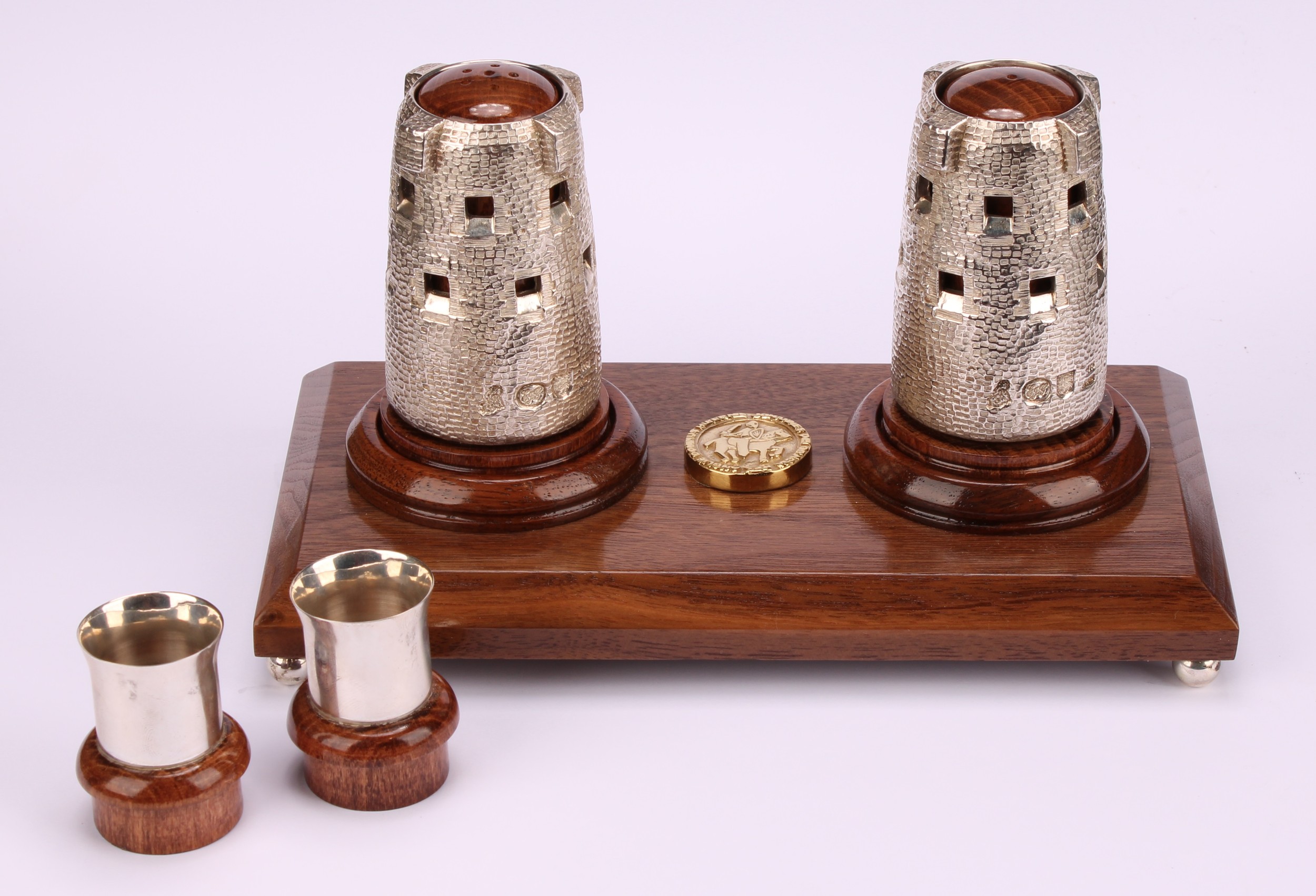 A Channel Islands silver novelty cruet stand, the condiments cast as Martello towers, each removable - Image 2 of 5