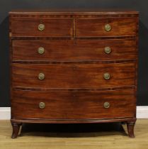 A Post-Regency mahogany bowfront chest, slightly oversailing top with channelled edge above two
