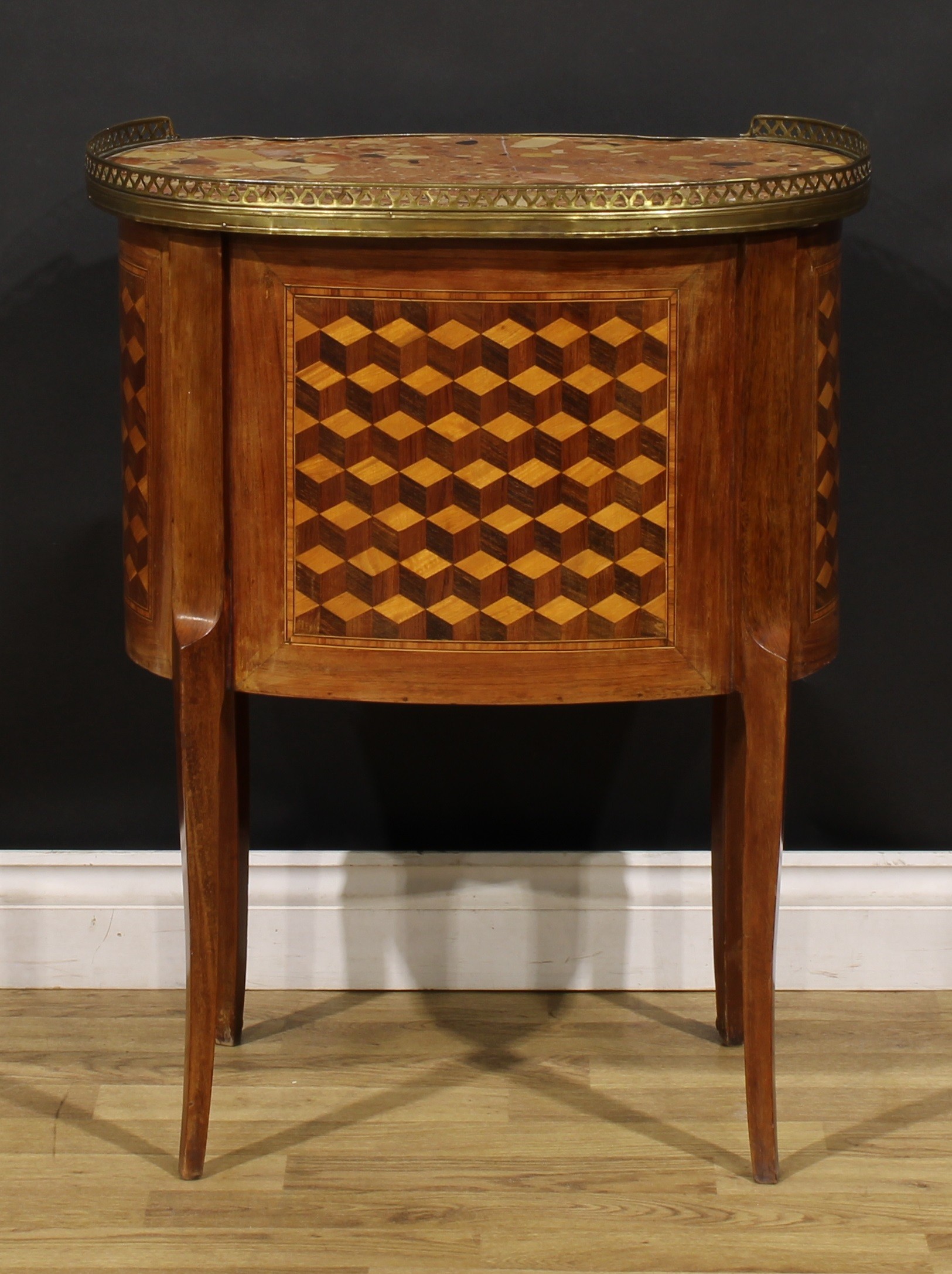 A Louis XV Revival gilt metal mounted tumbling blocks parquetry table de chevet or commode, marble - Image 5 of 5