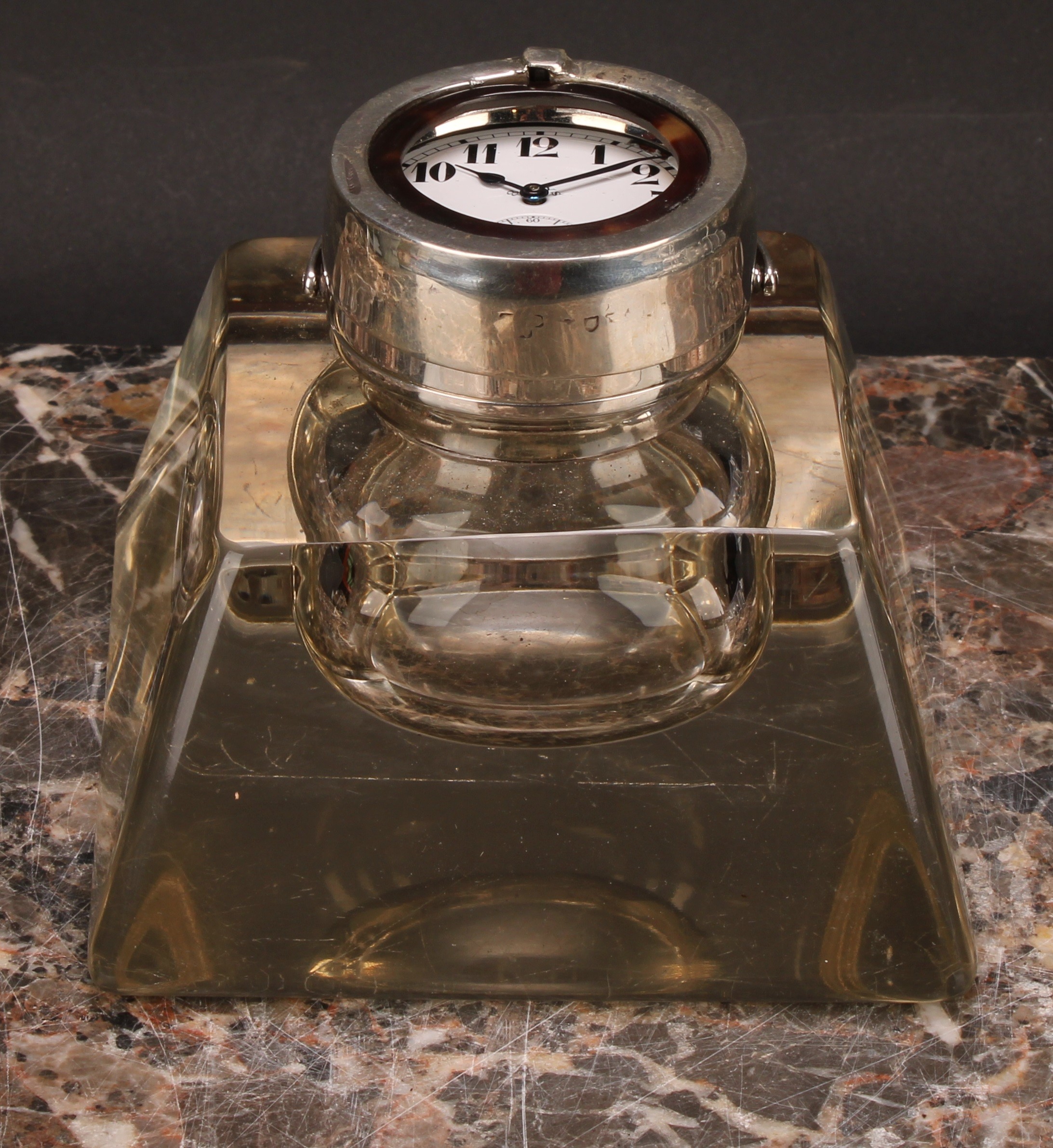 An Edwardian silver mounted combination inkwell and pocket watch holder, hinged cover with - Image 3 of 5