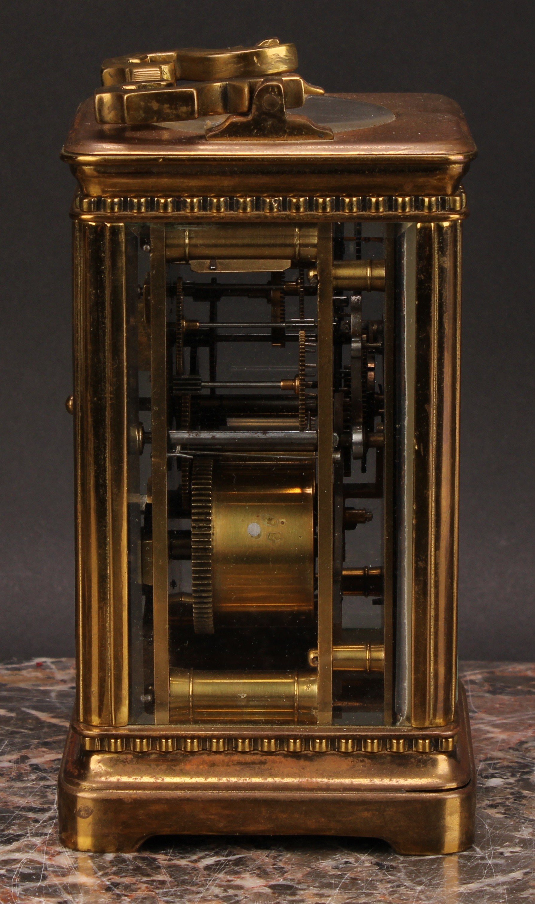 An early 20th century lacquered brass carriage clock, 6cm rectangular enamel dial inscribed with - Image 4 of 7