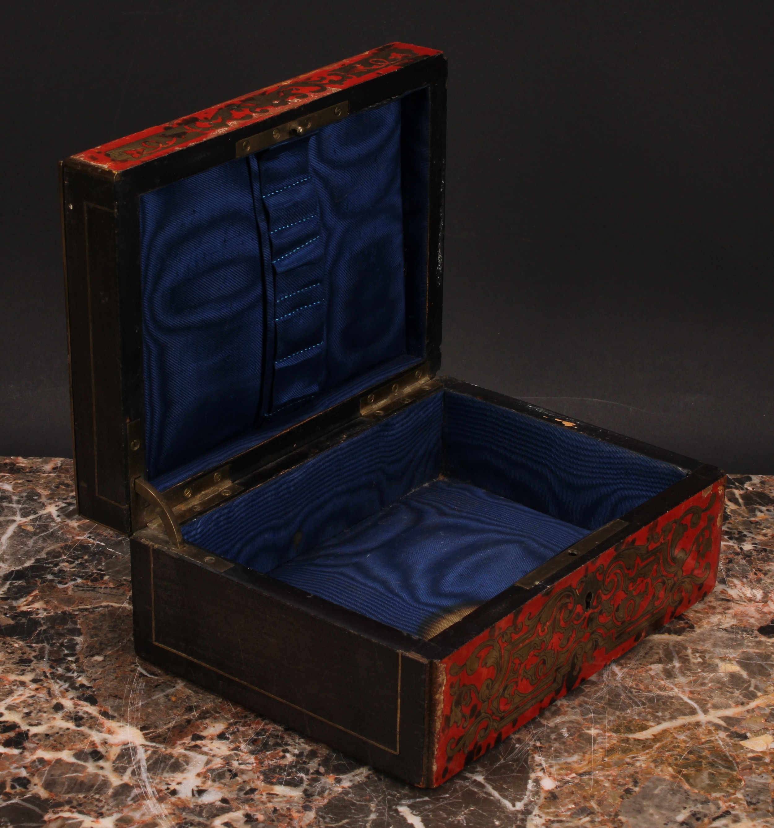 A 19th century Boulle and ebonised marquetry rectangular work box, hinged cover, labelled Halstaff & - Image 4 of 4