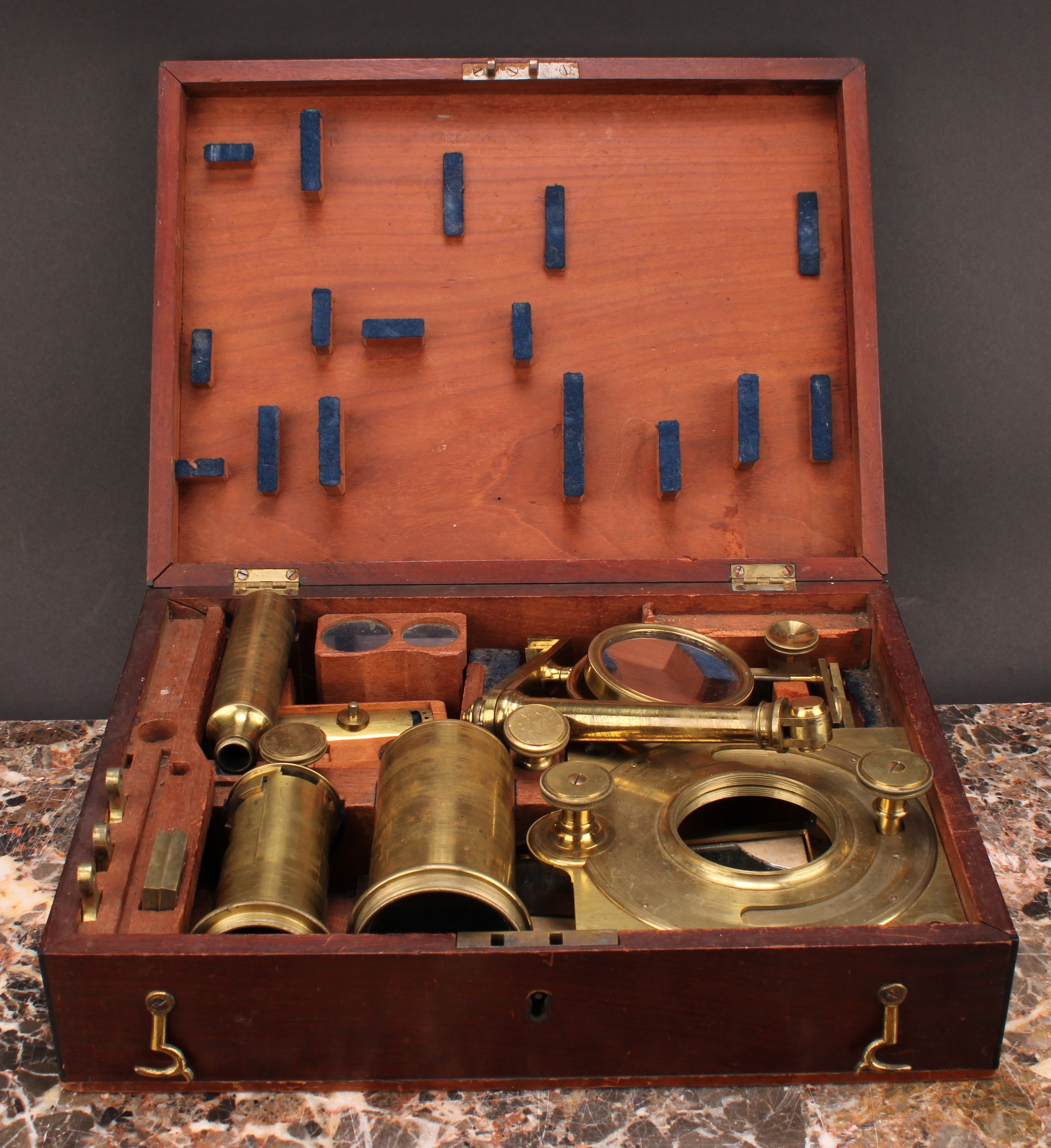 A George III lacquered brass solar microscope, two-part tube, rack and pinion focusing, long mirror,