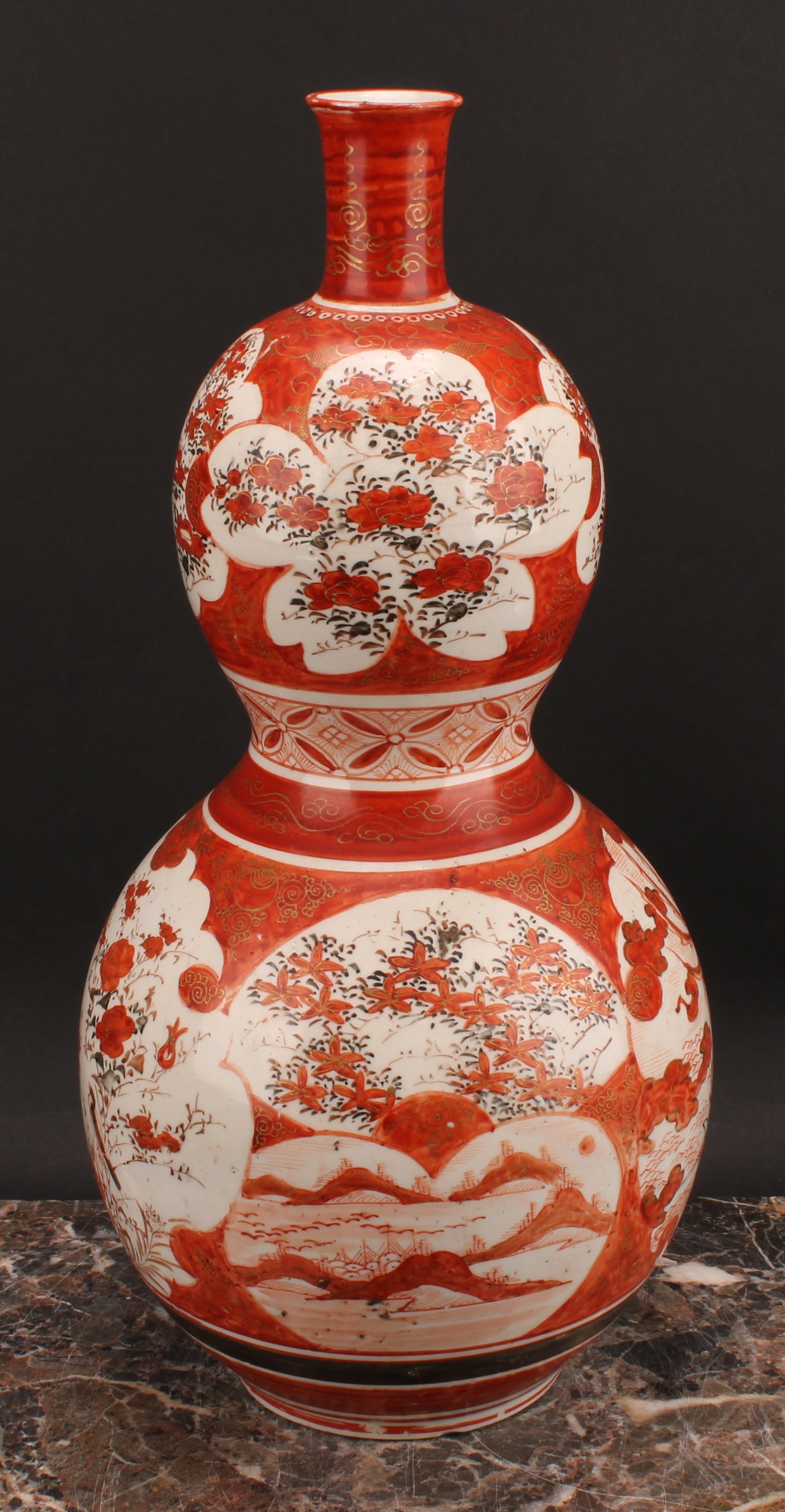 A Japanese Kutani double gourd vase, painted in the typical palette with a deity seated on a - Image 3 of 5