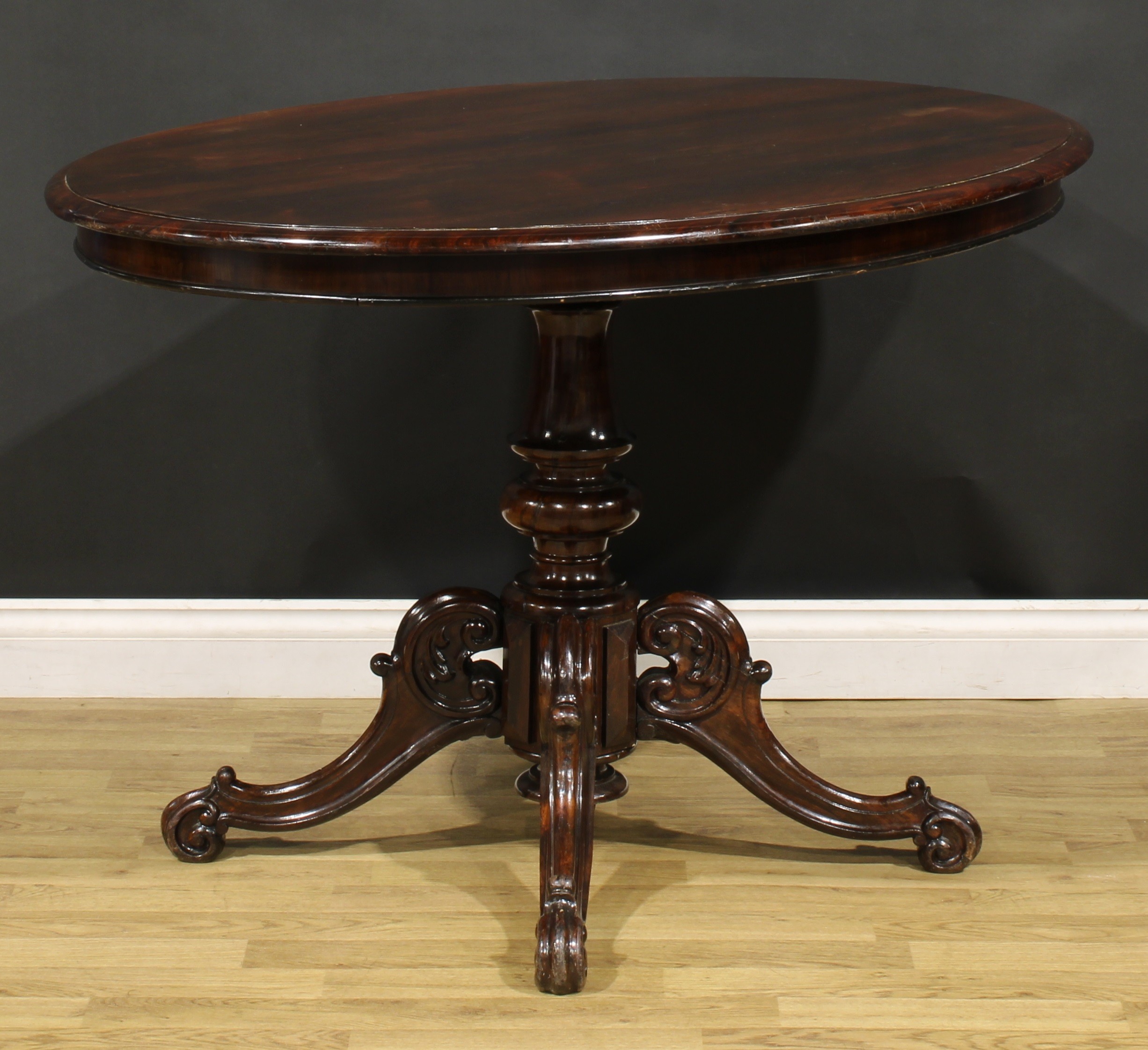 A Victorian rosewood centre table, oval top with moulded edge, turned column, cabriole legs carved - Image 3 of 5