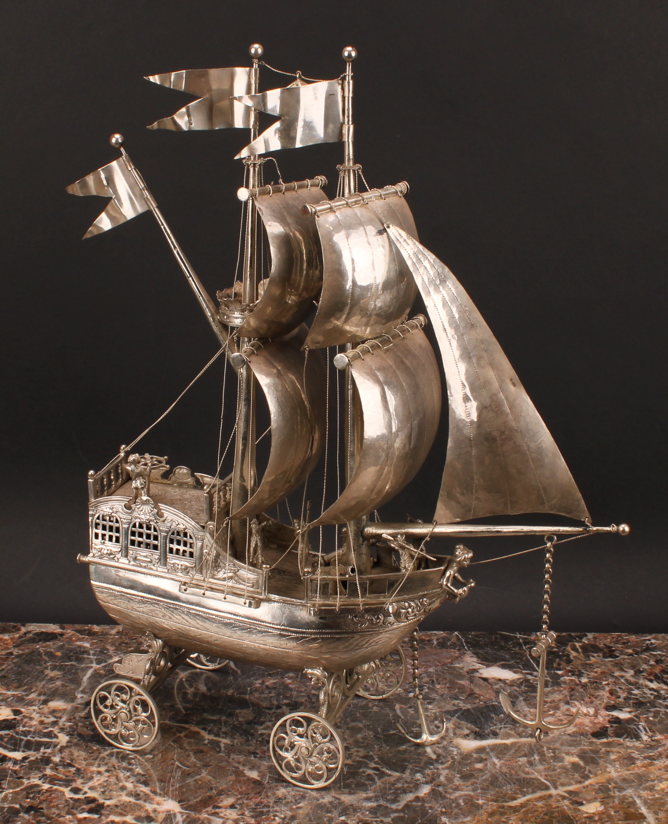 A Dutch silver nef, typically cast and wrought as a two-masted sailing ship, with billowing sails - Image 3 of 5