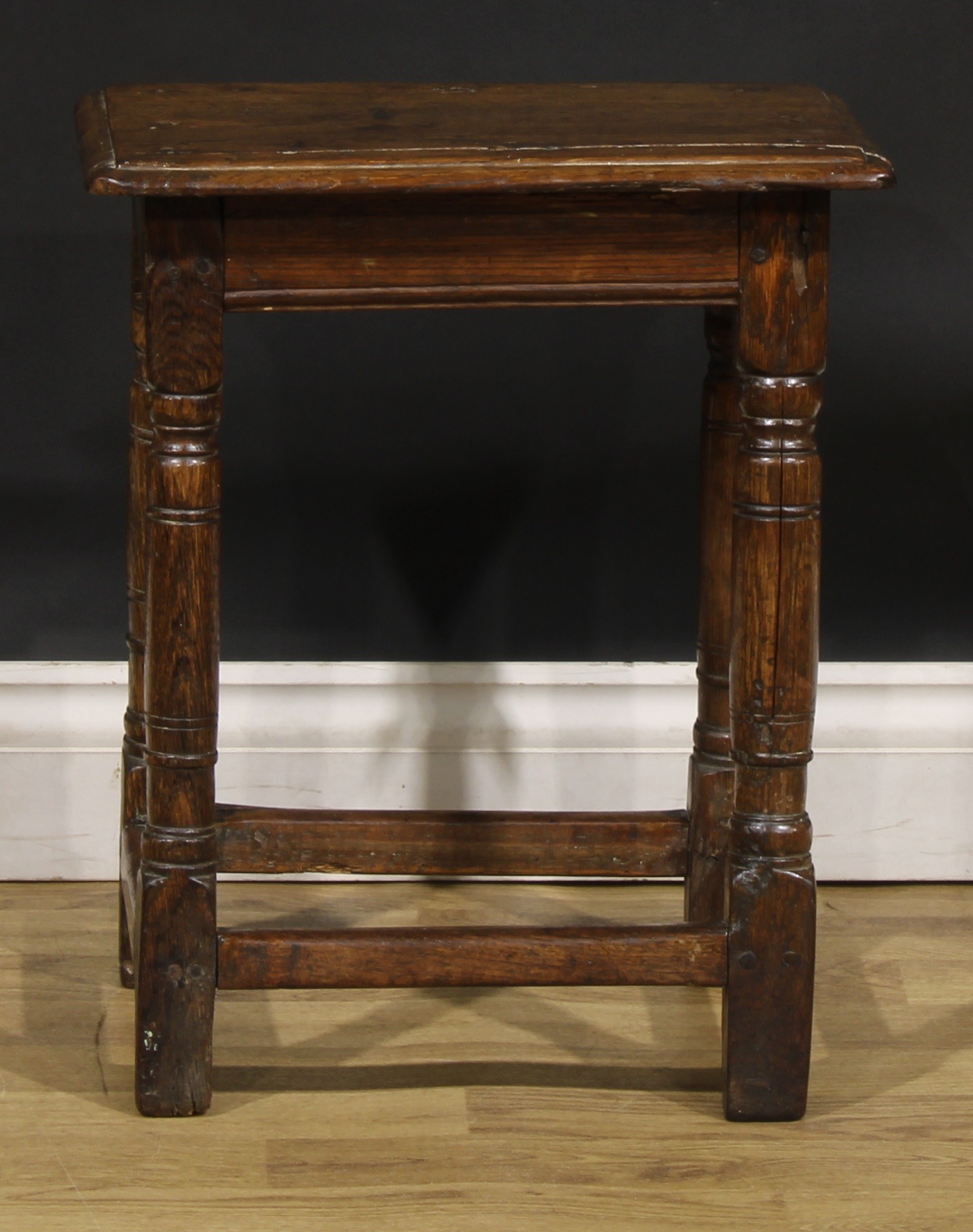 An 18th century oak joint stool, oversailing top above a deep frieze, turned legs, plain stretchers, - Image 4 of 4