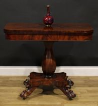 A William IV flame mahogany tea table, hinged top, panelled baluster column, incurve rectangular