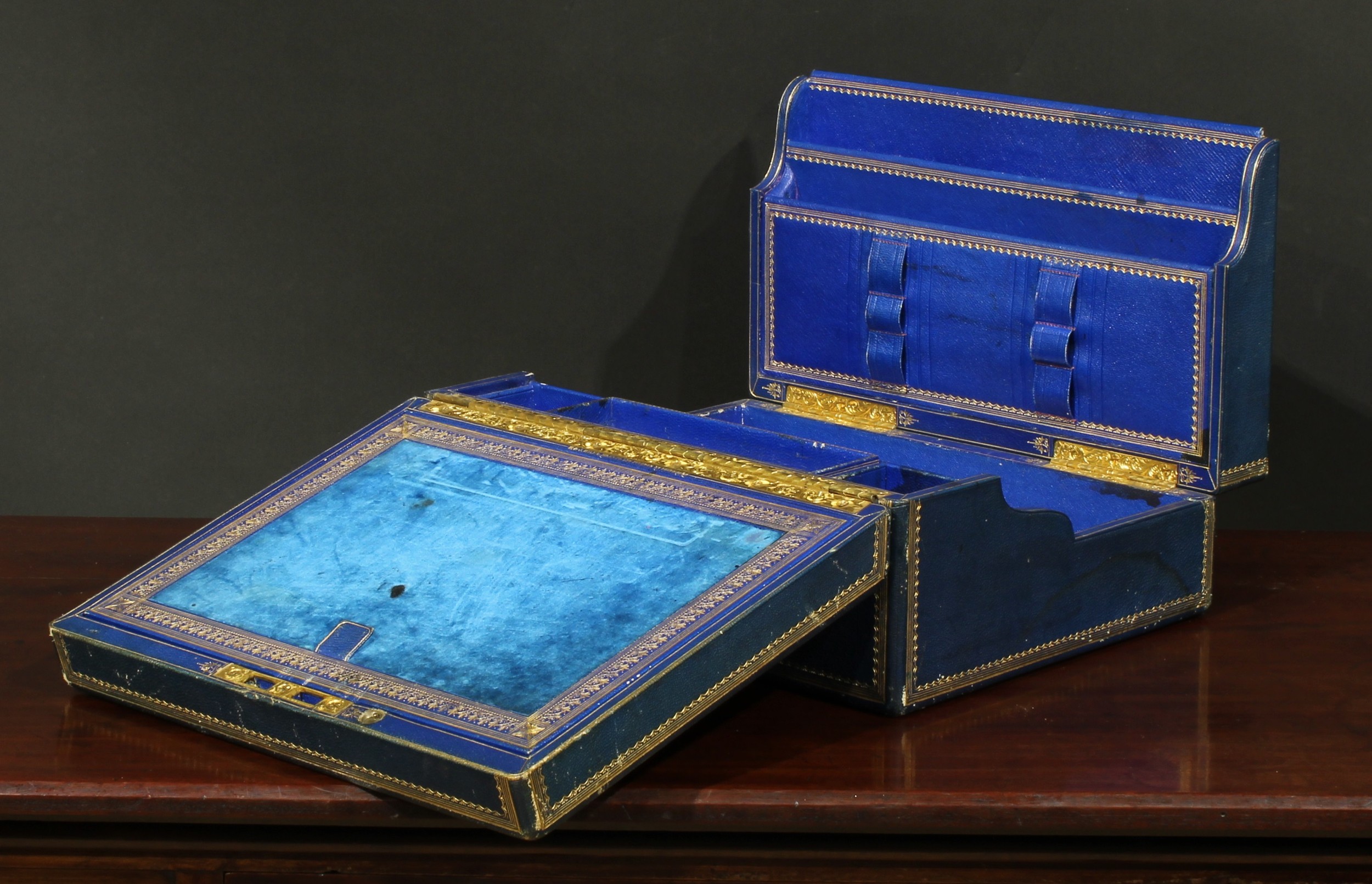 A Victorian tooled and gilt blue Morocco leather writing box, by W&J Milne, Edinburgh, hinged - Image 2 of 4