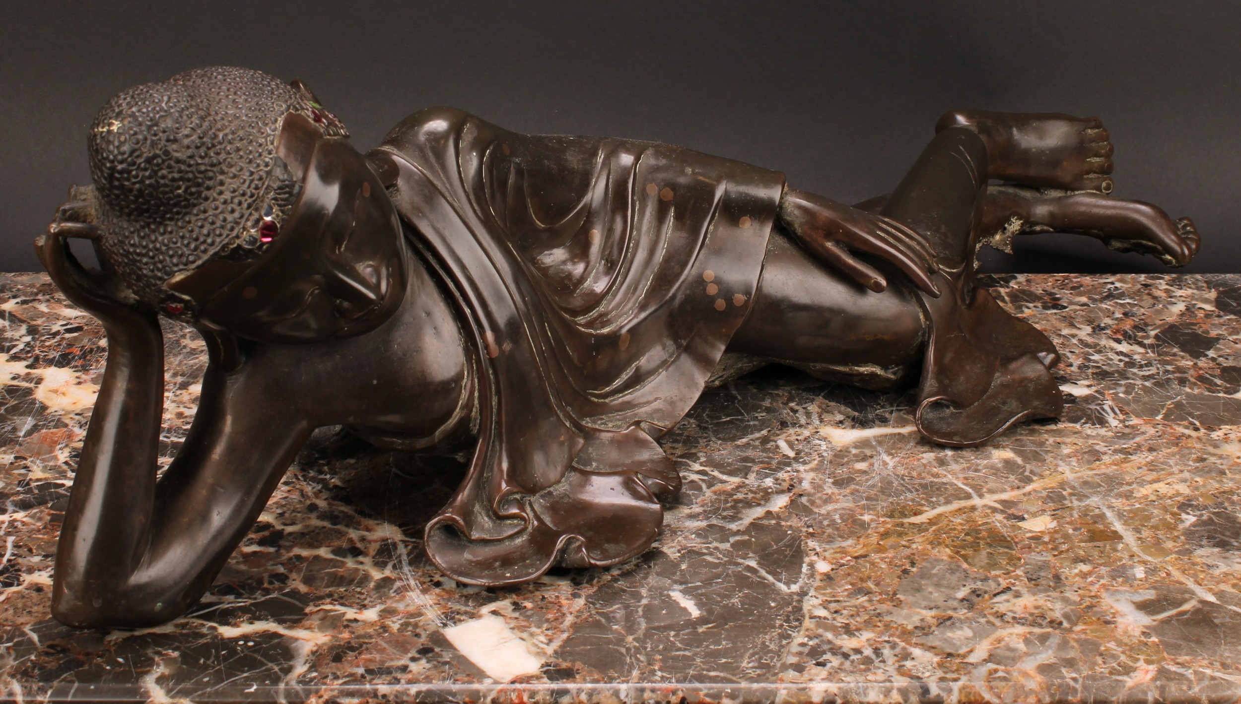 Chinese School, a brown patinated bronze, Buddha, depicted reclining, about to enter Parinirvana, - Image 3 of 4