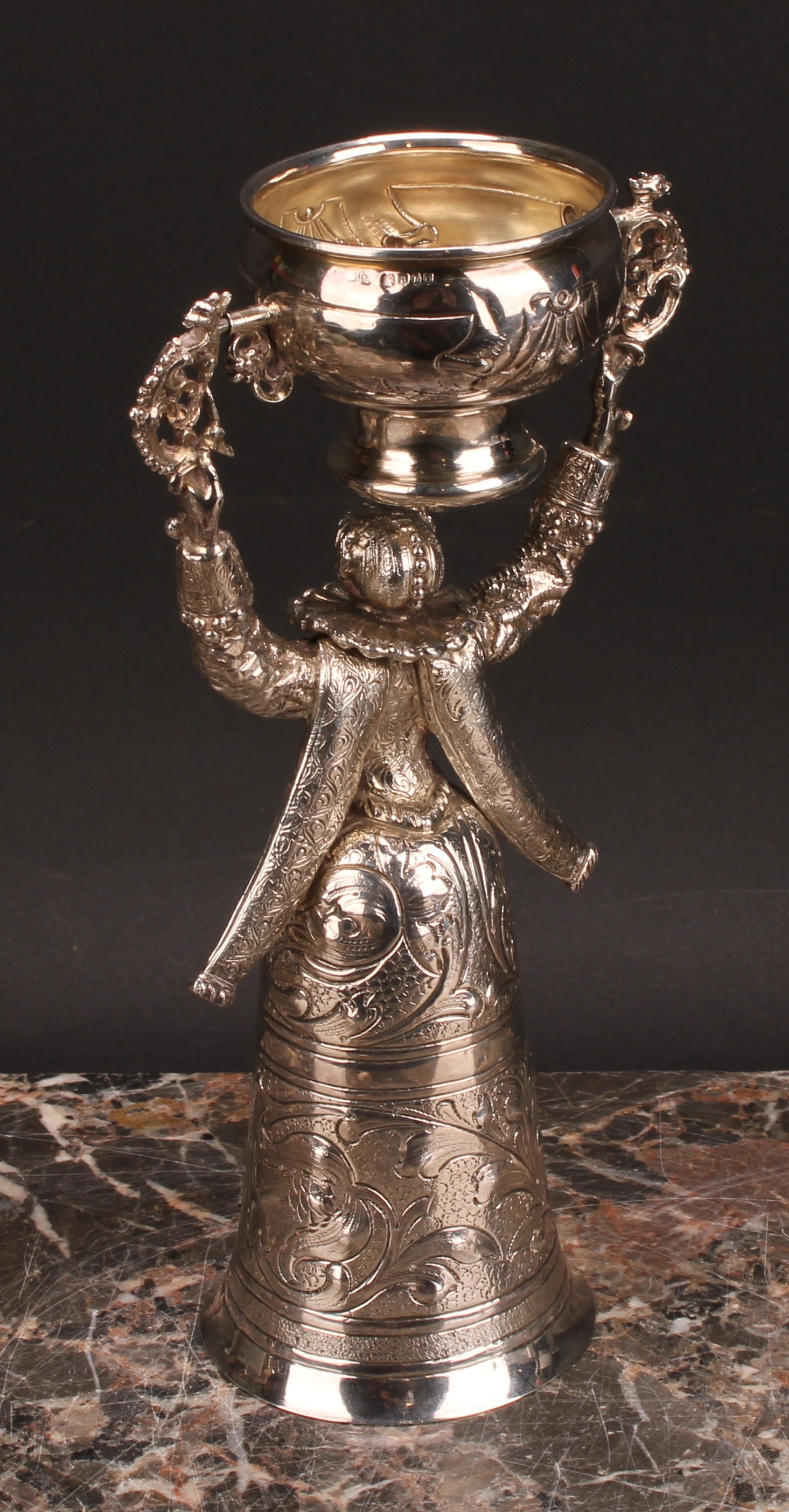 A Continental silver figural wager cup, of typical Renaissance figural form, 21cm high, import marks - Image 4 of 5
