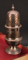 An 18th century 'Teutonic' German silver plate or paktong baluster sugar caster, knop finial,