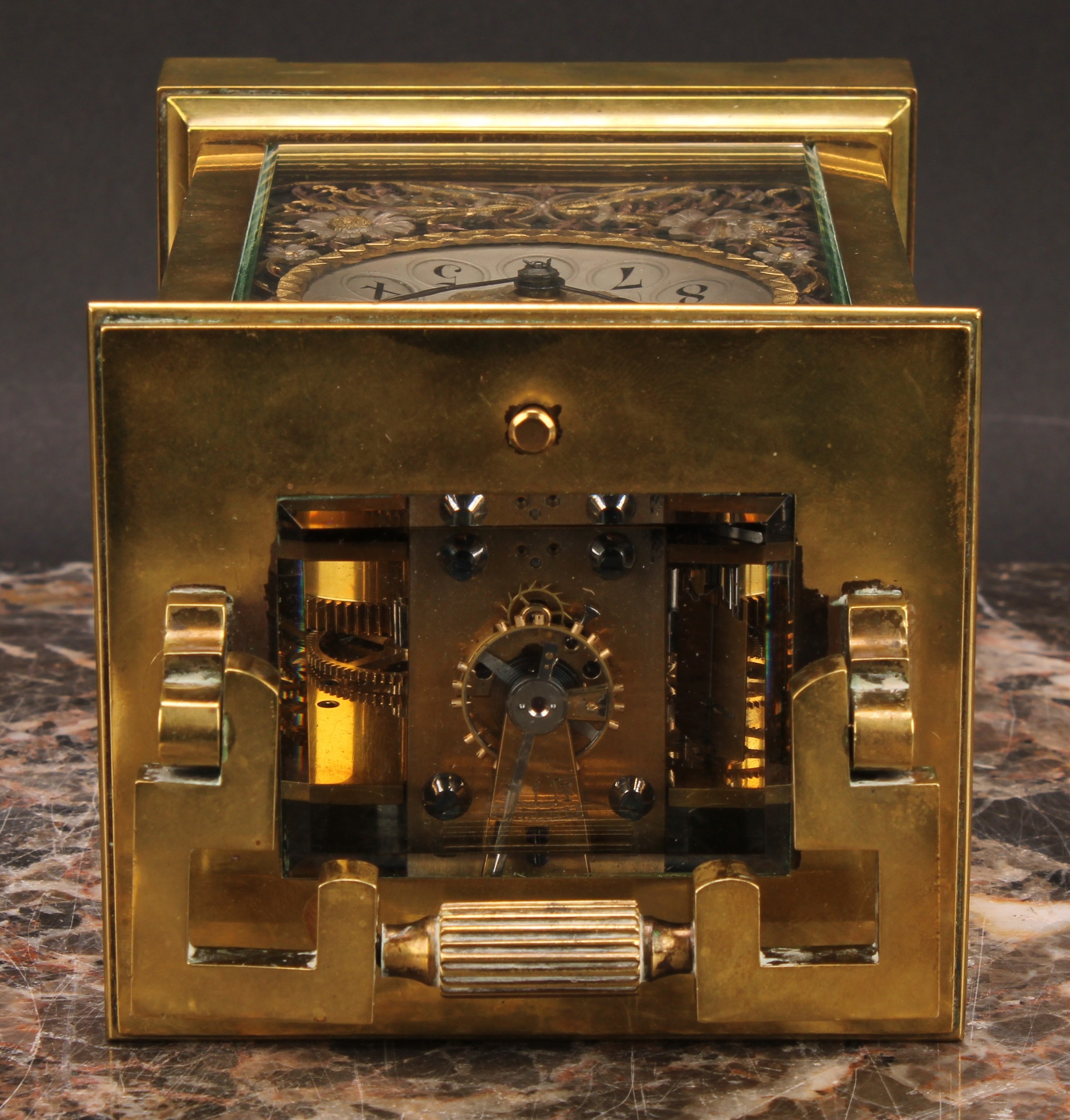 A large 19th century lacquered brass repeater carriage clock, 7cm silvered and bi-colour gilt dial - Image 6 of 6