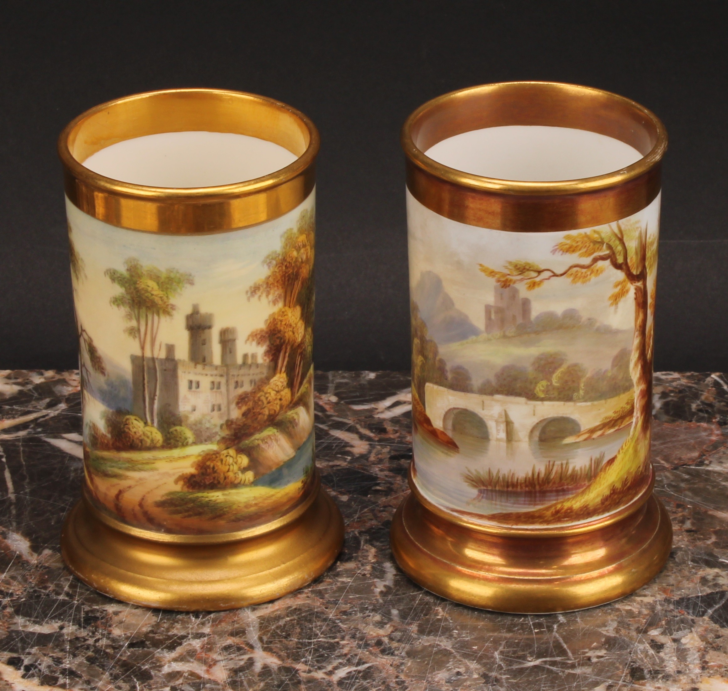 A pair of English porcelain cylindrical spill vases, each painted with a continuous lakeside - Image 2 of 12