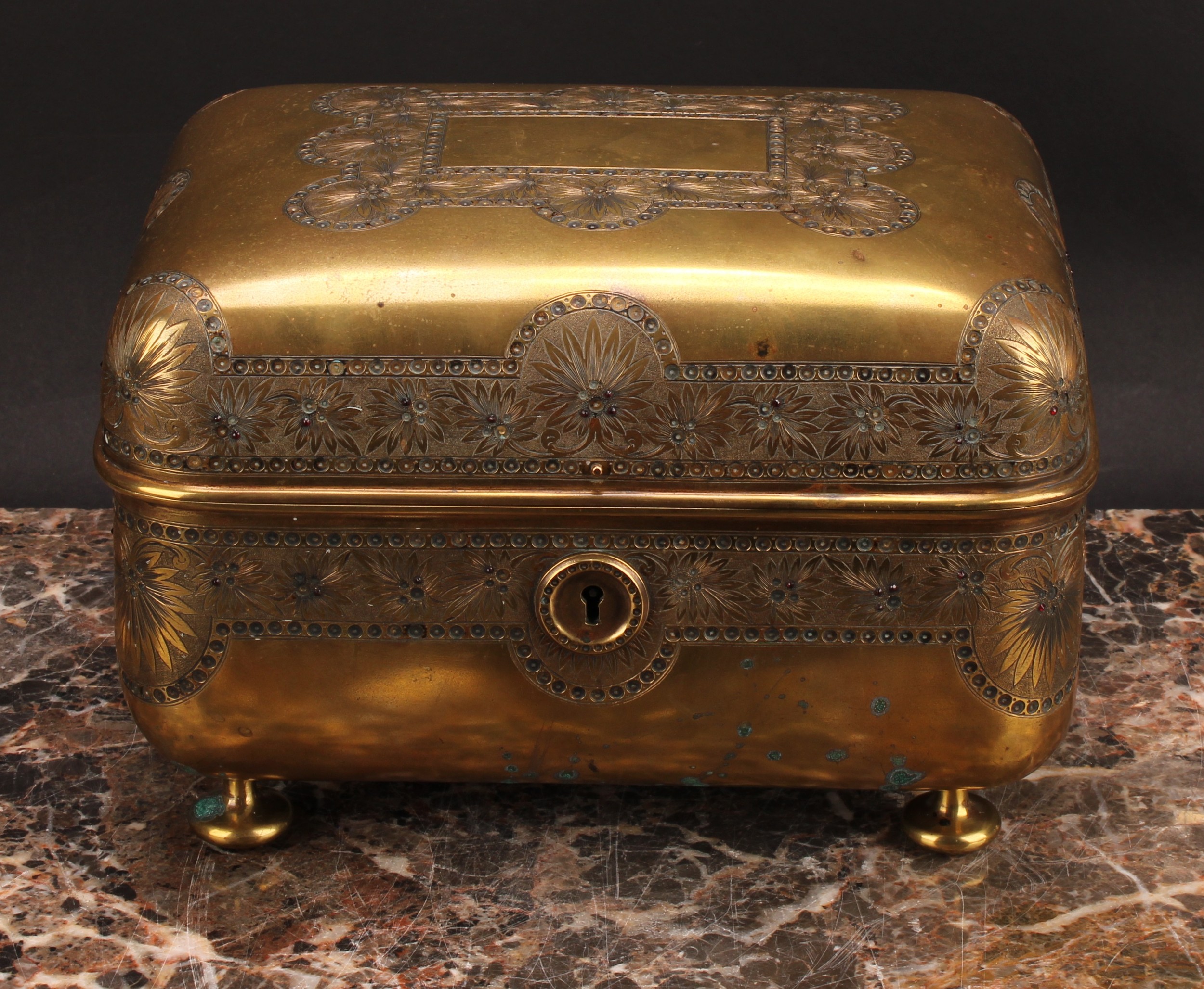 A Russian Imperial design brass table box, hinged cover, engraved throughout with stiff leaves, - Image 2 of 4