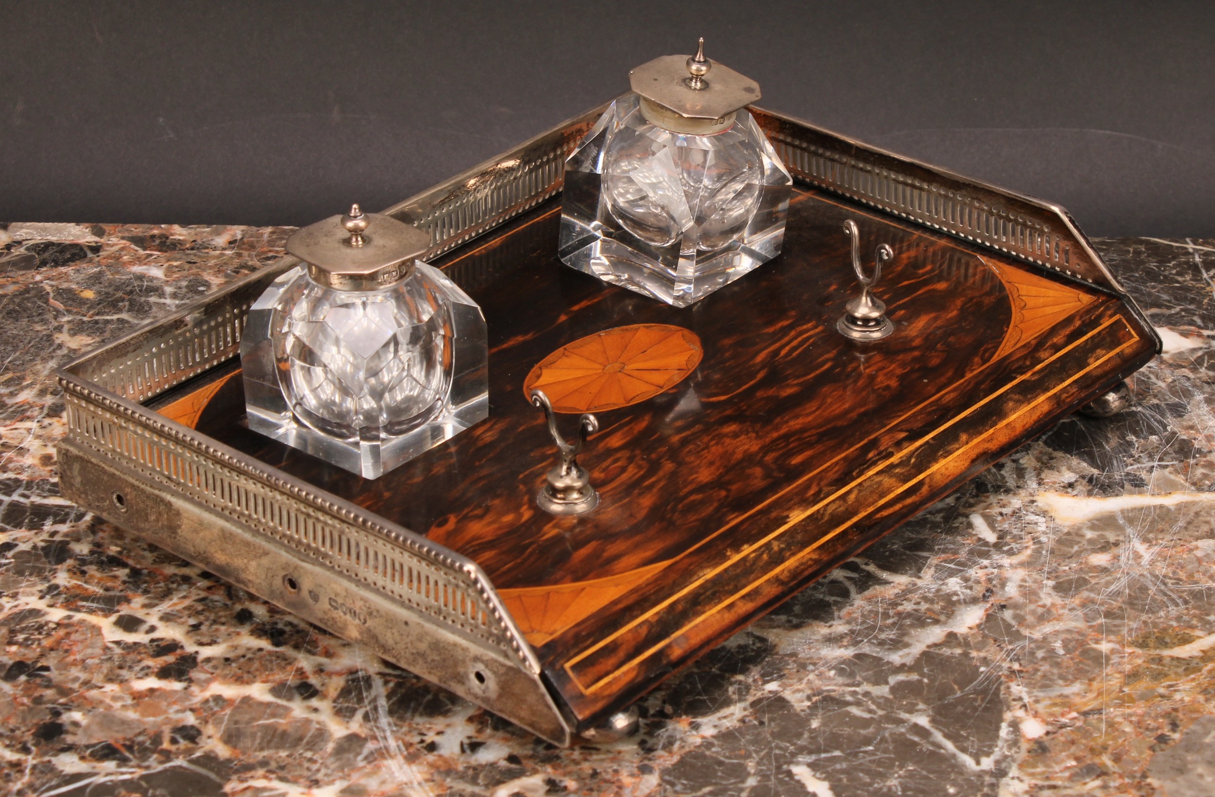 A Victorian silver mounted coromandel and marquetry inkstand, pierced three-quarter gallery, cut - Image 3 of 5