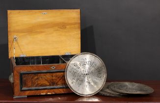 A late 19th century parcel-ebonised walnut symphonion, horizontal mechanism playing 23cm discs,