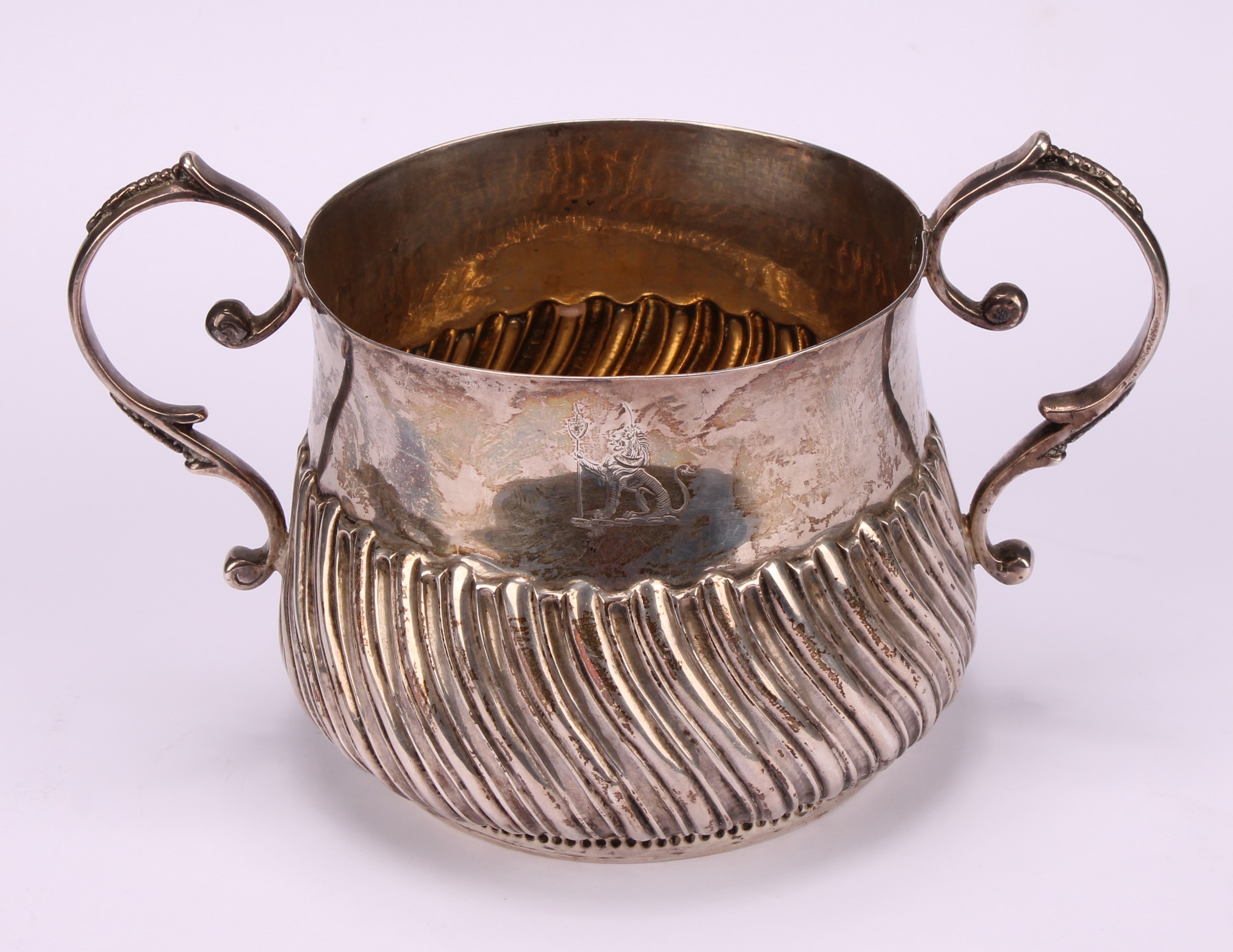 A George III silver wrythen-fluted porringer, of 17th century design, 18cm over handles, London, - Image 2 of 4
