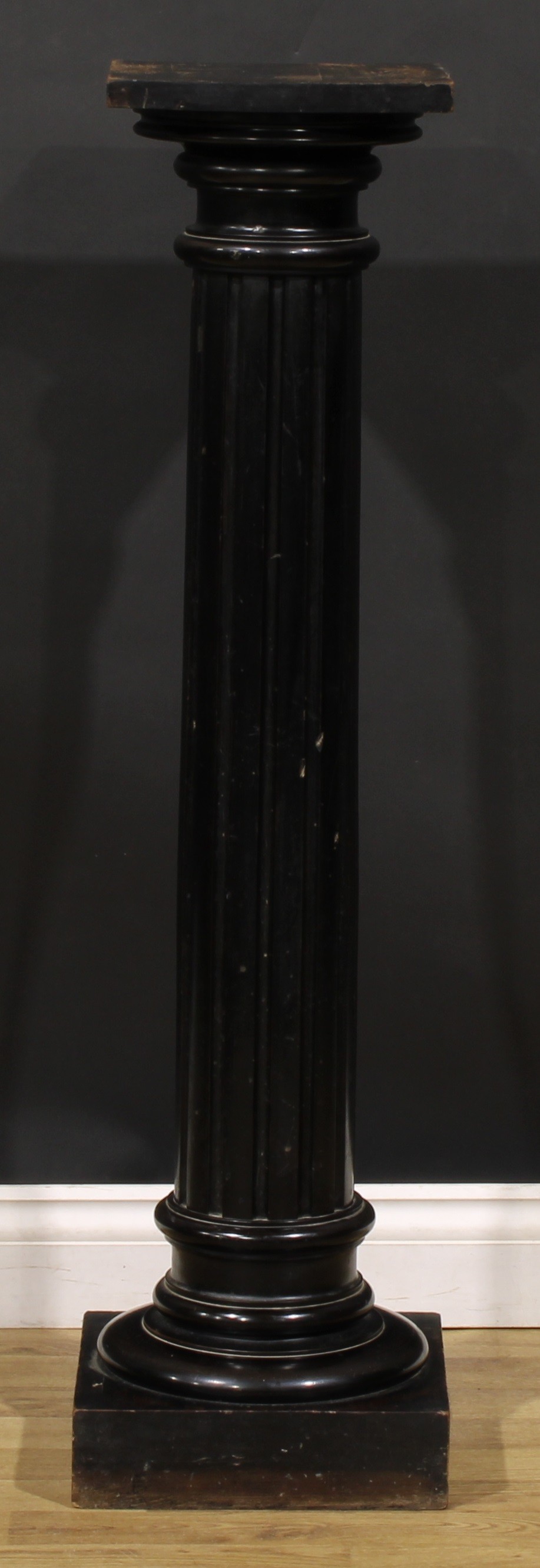 A neoclassical ebonised statuary pedestal, square top, fluted column, square base, 107cm high, the - Image 2 of 3