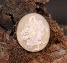 A Victorian carved cameo brooch, Medusa with serpent and winged hair, indistinctly4.5cm x 3.8cm,