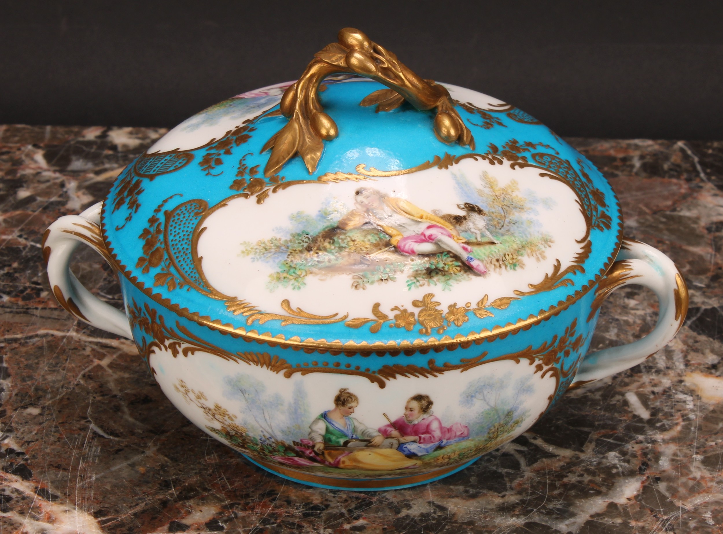 A Continental porcelain eculle and cover, painted with courting couples in a pastoral idyl, within - Image 6 of 8