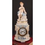 A 19th century French Louis XVI style porcelain mantel clock, 7.5cm white enamel dial inscribed with