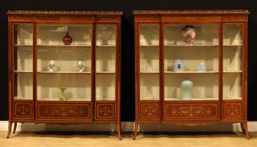 A near pair of Sheraton Revival satinwood crossbanded mahogany and marquetry break-centre display