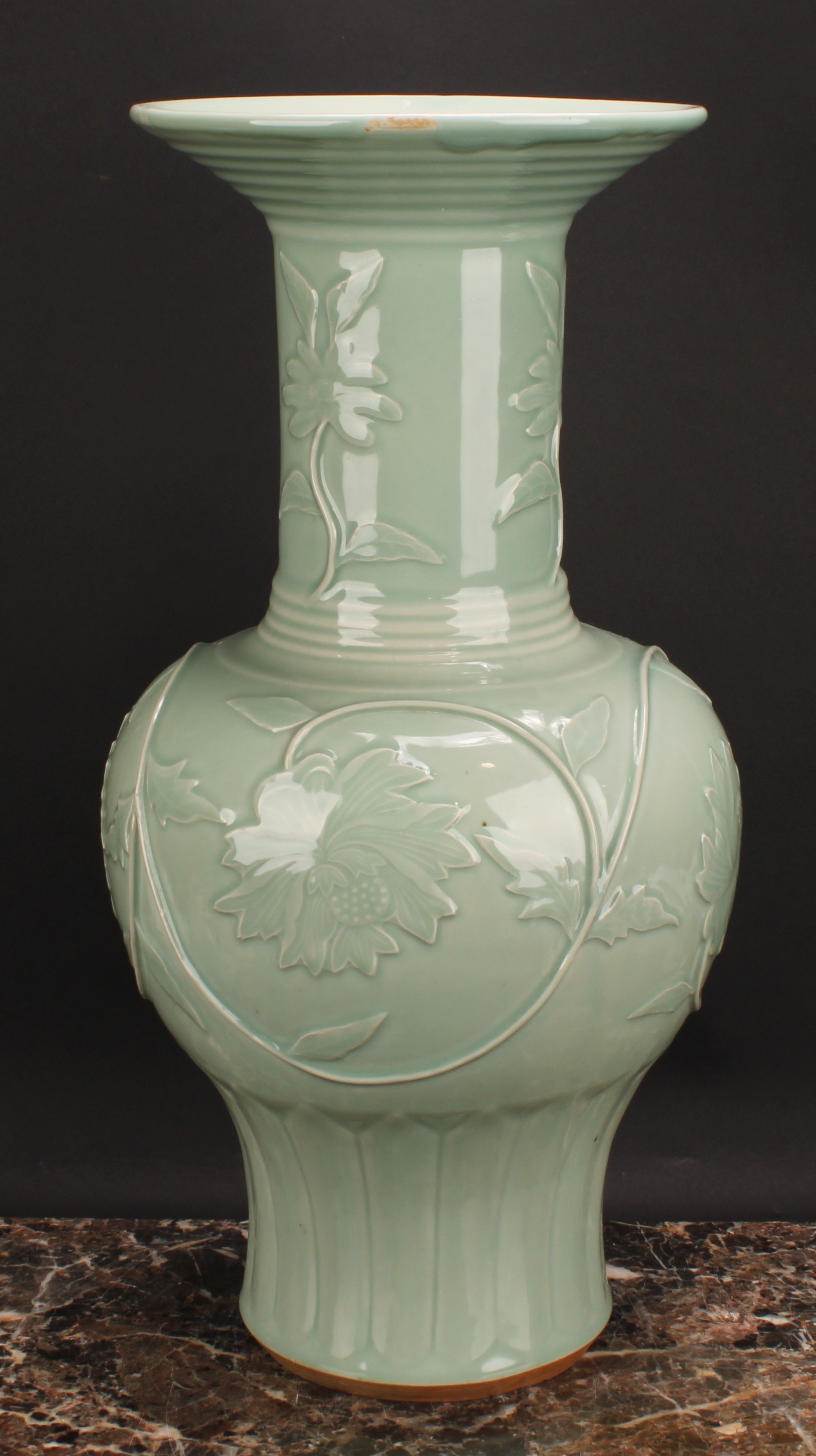 A large Chinese celadon baluster vase, moulded with lotus, 53cm high, seal mark, hardwood stand - Image 3 of 5