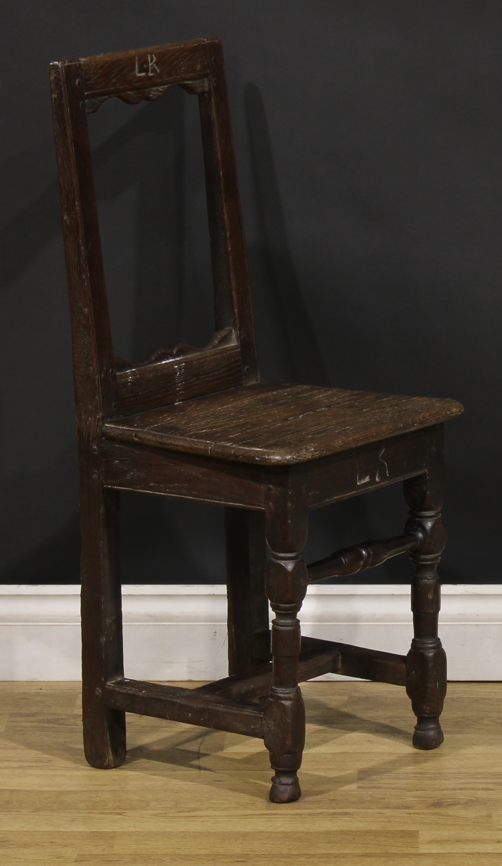 A near pair of 17th century oak backstools, boarded seats, turned legs and stretchers, one - Image 3 of 9