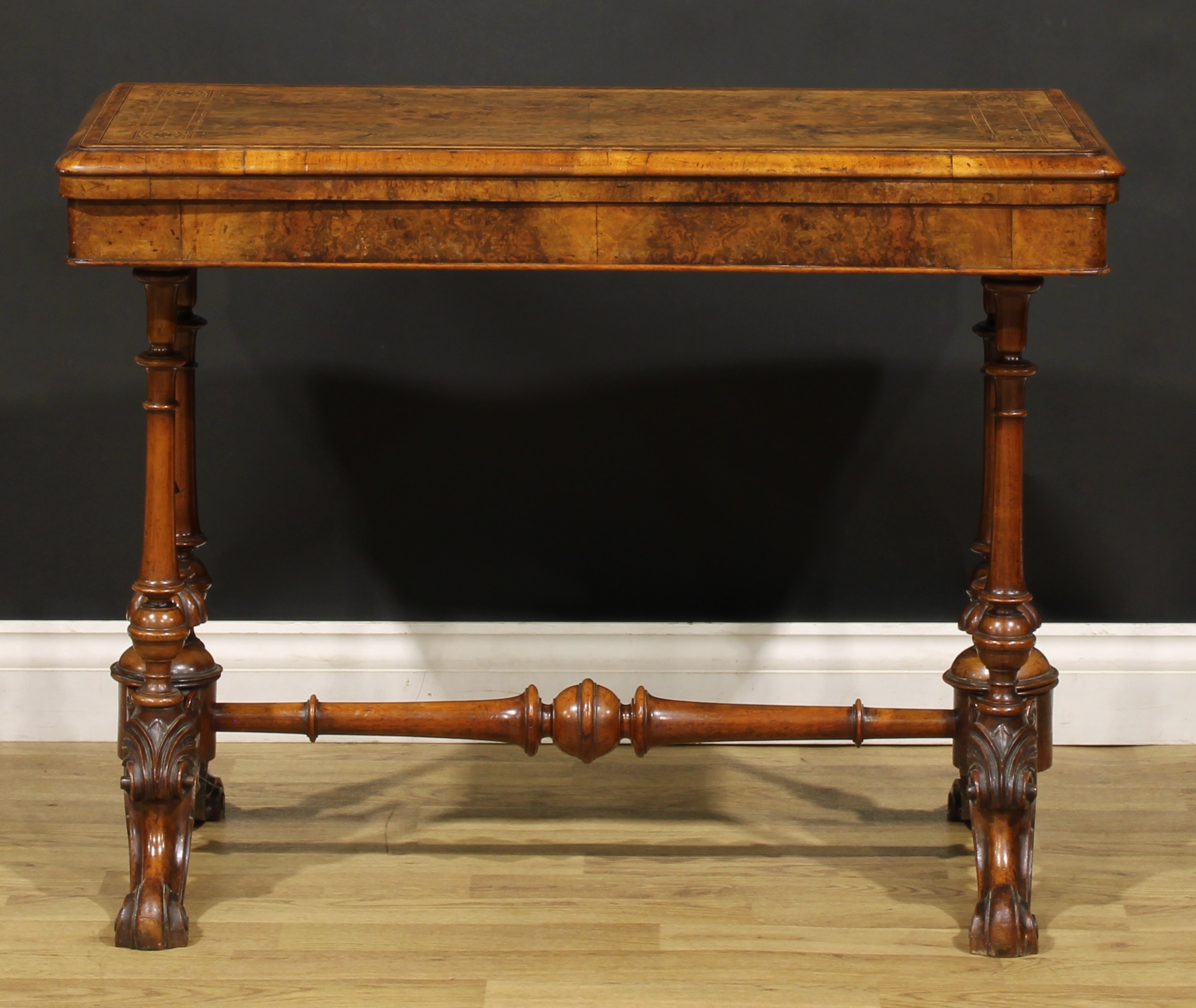 A Victorian amboyna banded walnut and Tunbridge ware card table, hinged top enclosing a baize - Image 2 of 6