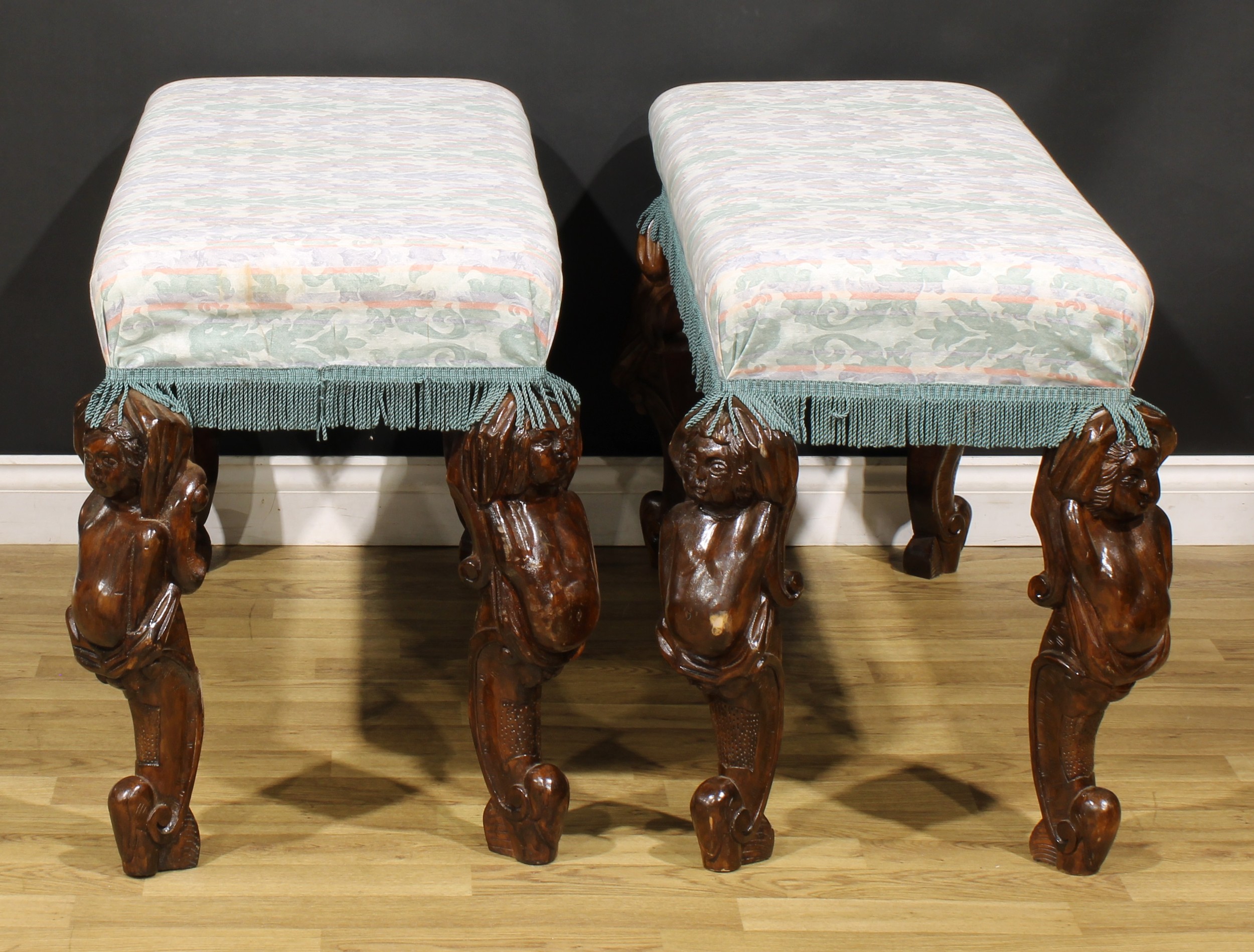 A pair of large Italian Rococo design double-width stools, stuffed-over seats, monopodial legs - Image 3 of 3