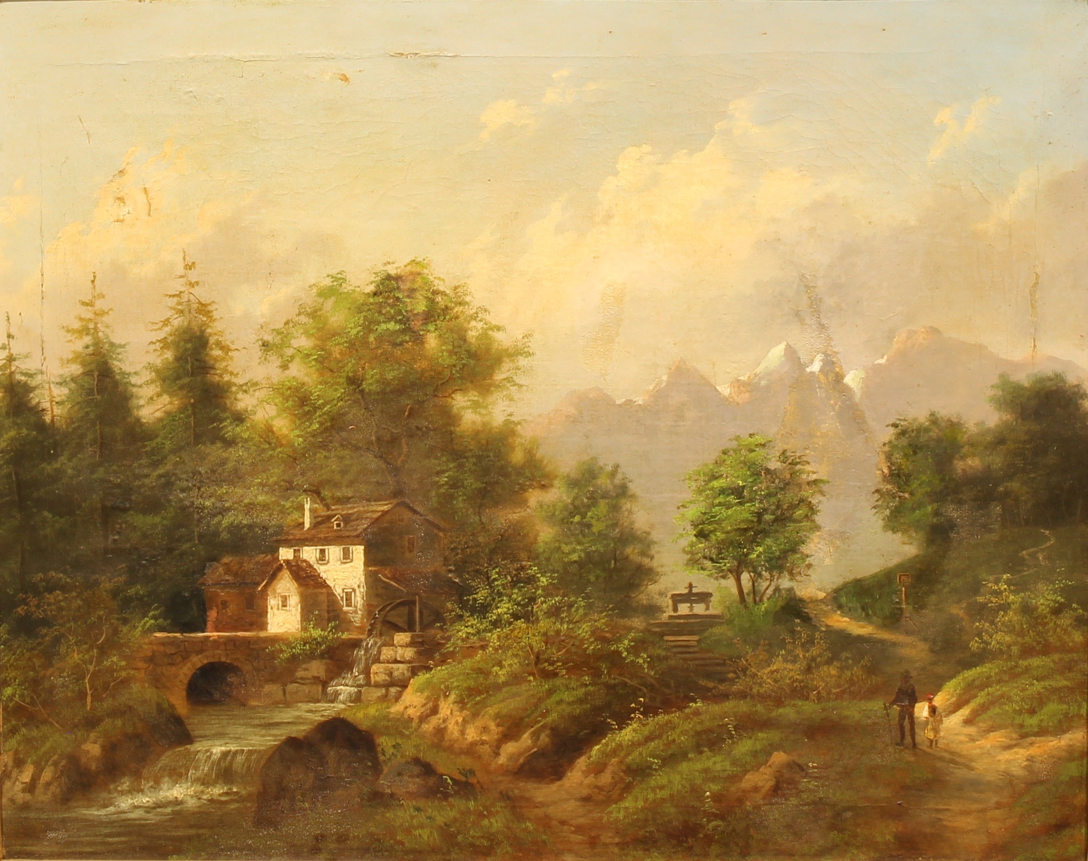 Continental School (19th century) Figures in a landscape with water mill and wine press, oil on