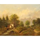 Continental School (19th century) Figures in a landscape with water mill and wine press, oil on