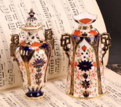 A Royal Crown Derby Imari elongated ogee shaped two-handled vase and cover, Japanesque angular