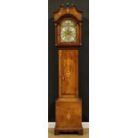 An Edwardian Sheraton Reivival mahogany and marquetry longcase clock, 30.5cm arched brass and