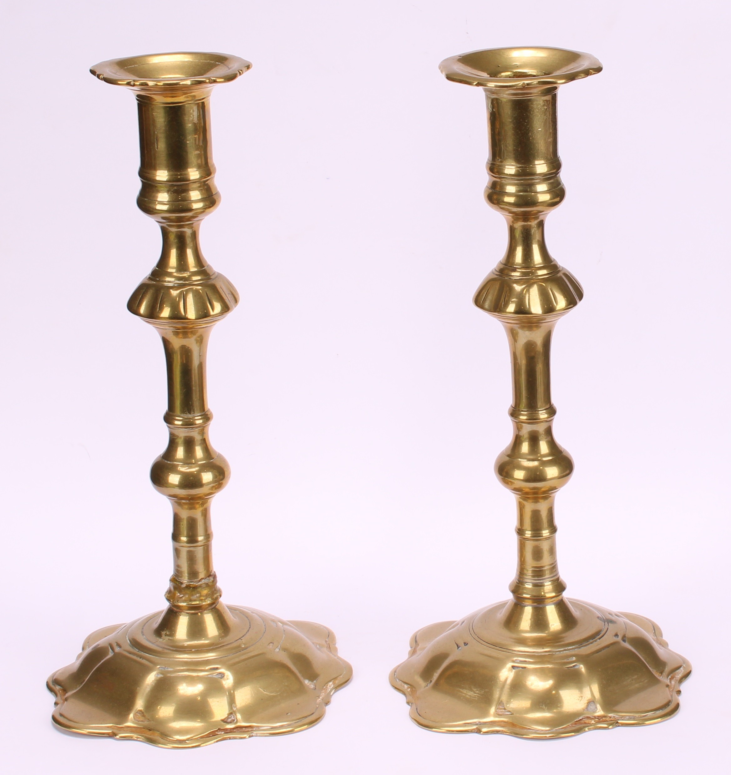 A pair of George II brass candlesticks, knopped pillars, domed shaped bases, 24cm high, c.1745 - Image 2 of 4