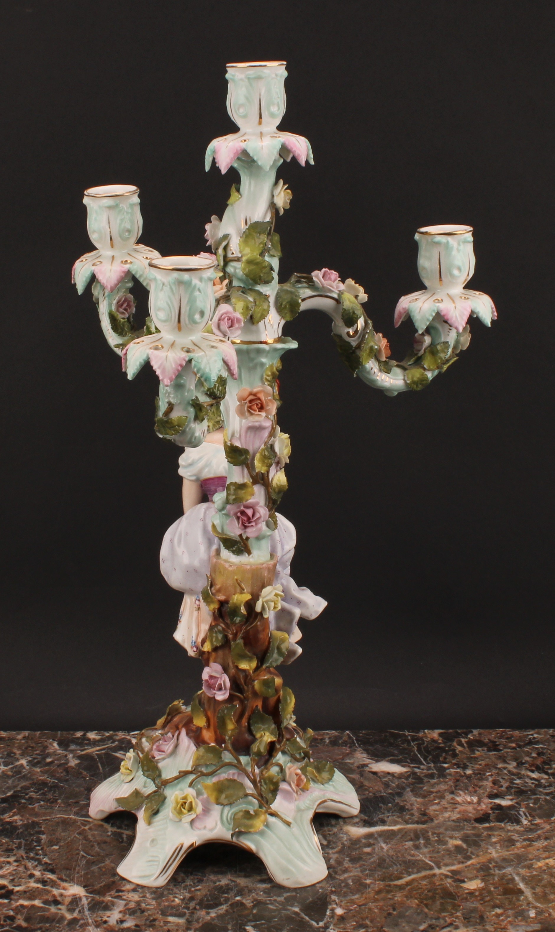 A pair of Sitzendorf figural four-light candelabra, modelled as a courting couple, each painted in - Image 5 of 10