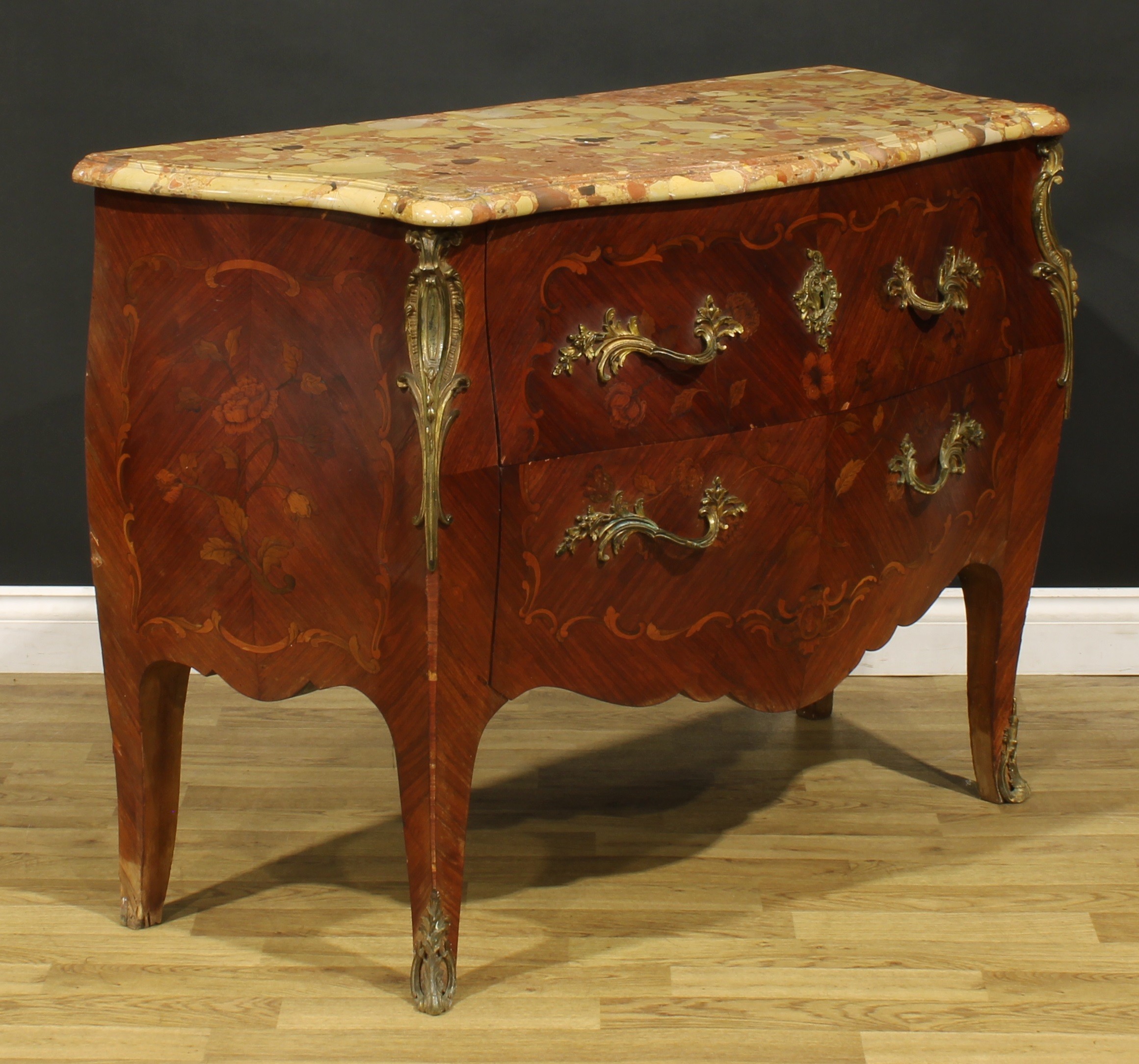 A Louis XV Revival gilt metal mounted kingwood and marquetry bombe commode, marble top above two - Image 2 of 5