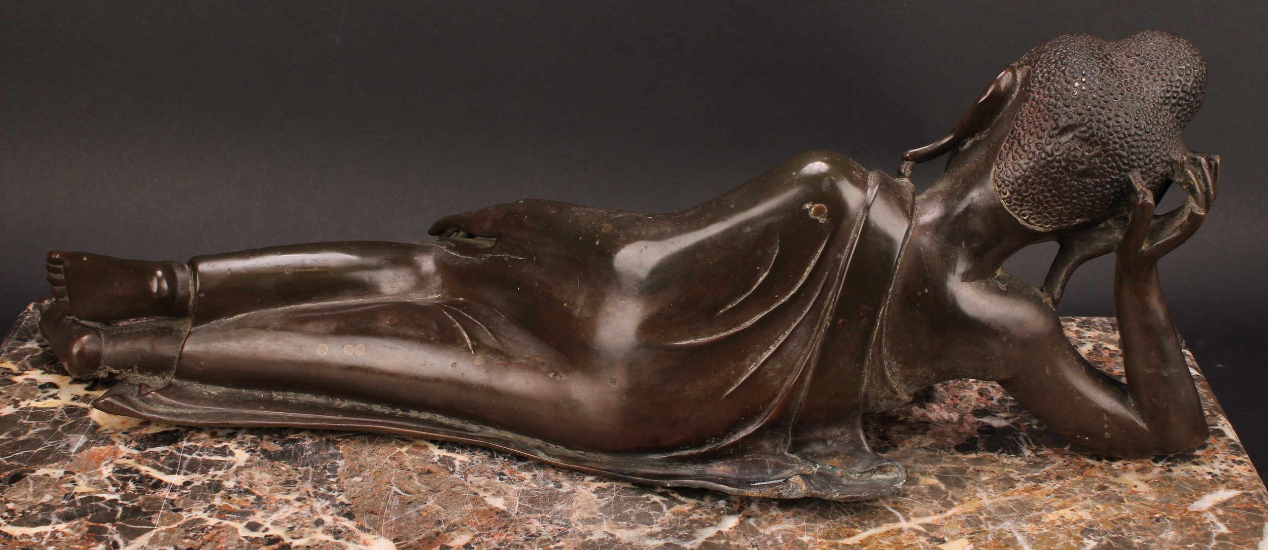 Chinese School, a brown patinated bronze, Buddha, depicted reclining, about to enter Parinirvana, - Image 4 of 4