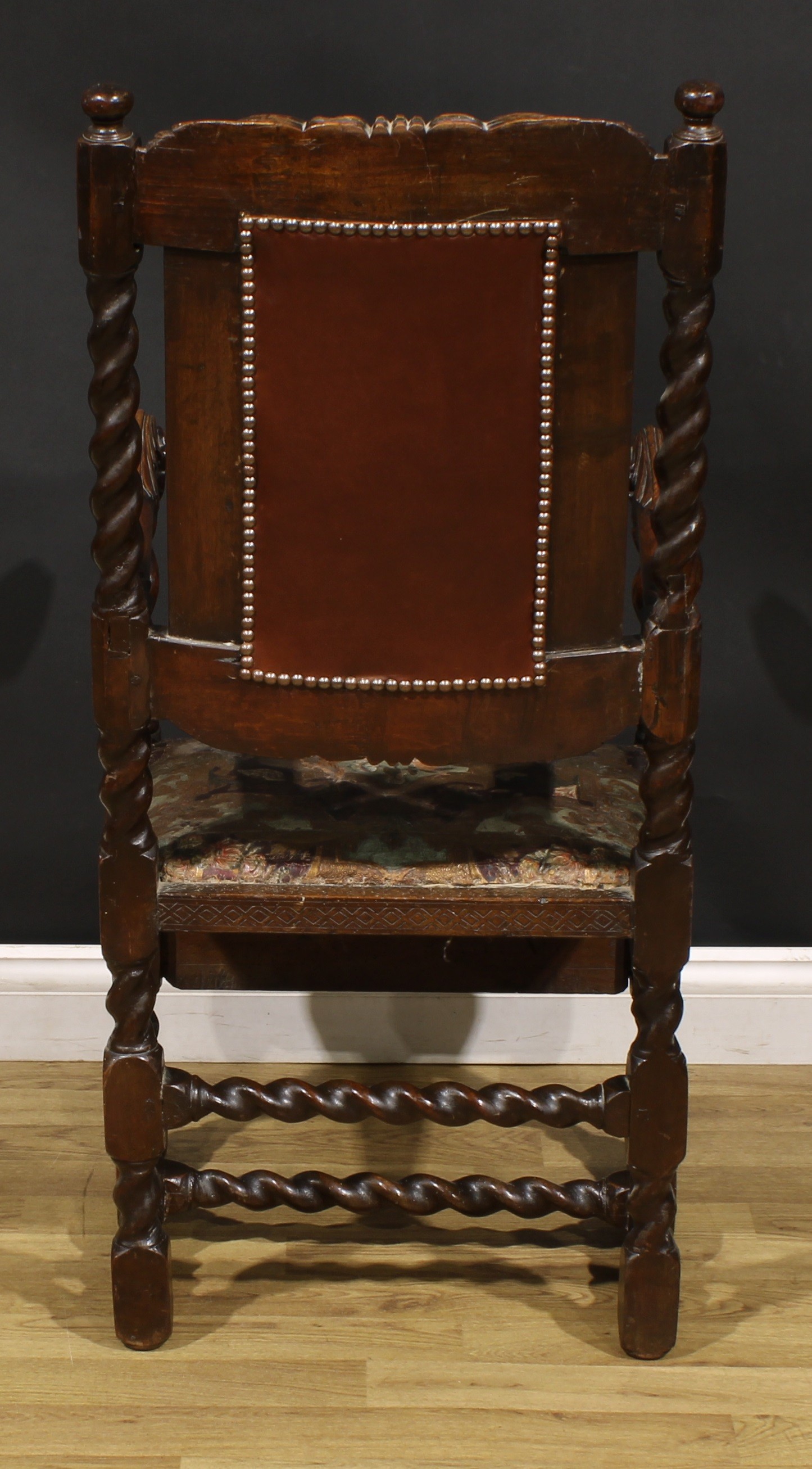 A William & Mary walnut and oak elbow chair, spirally turned supports, scroll arms terminating in - Image 4 of 4
