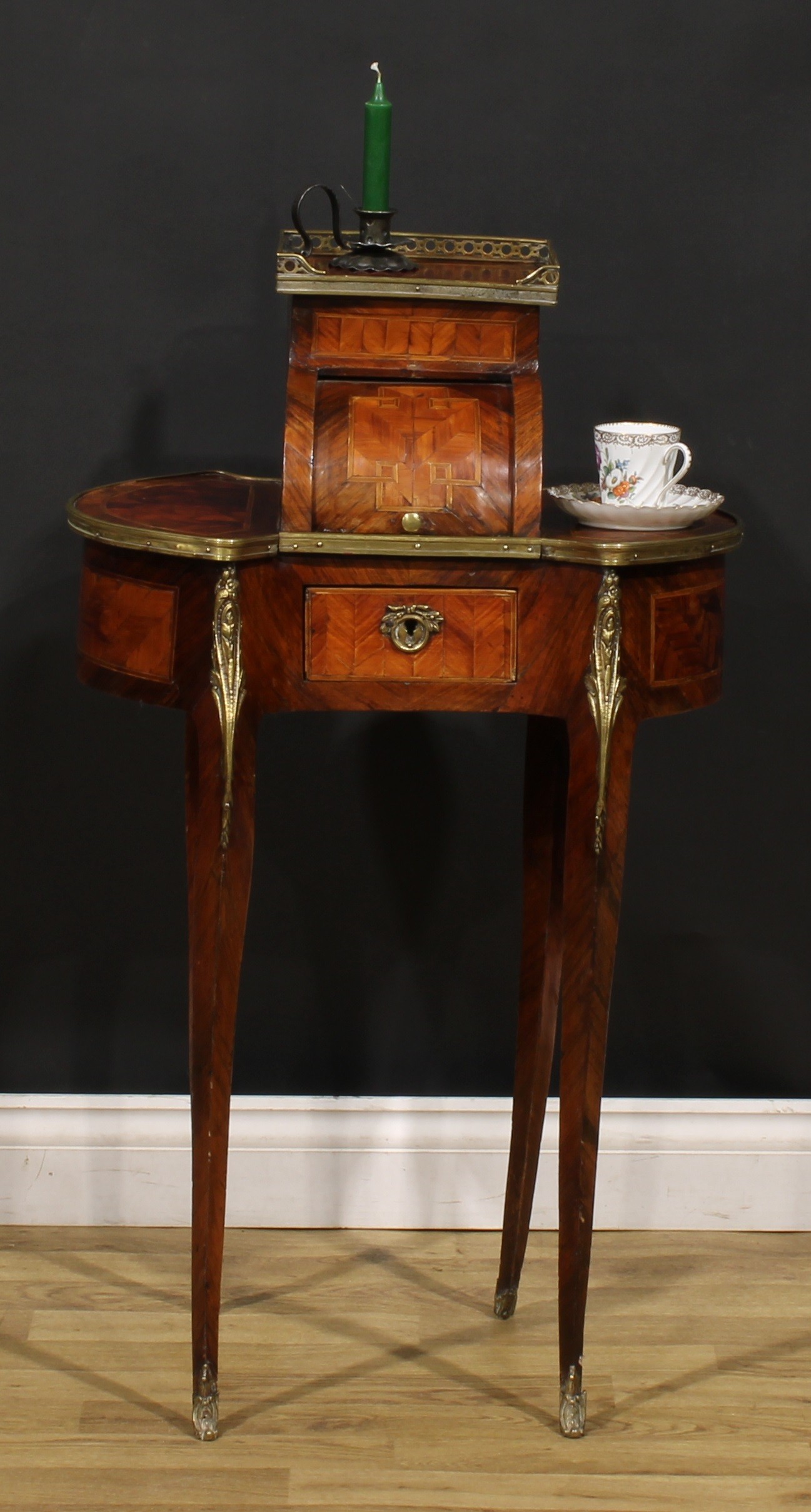 A Louis XV Revival gilt metal mounted rosewood and kingwood bonheur du jour, of small and neat