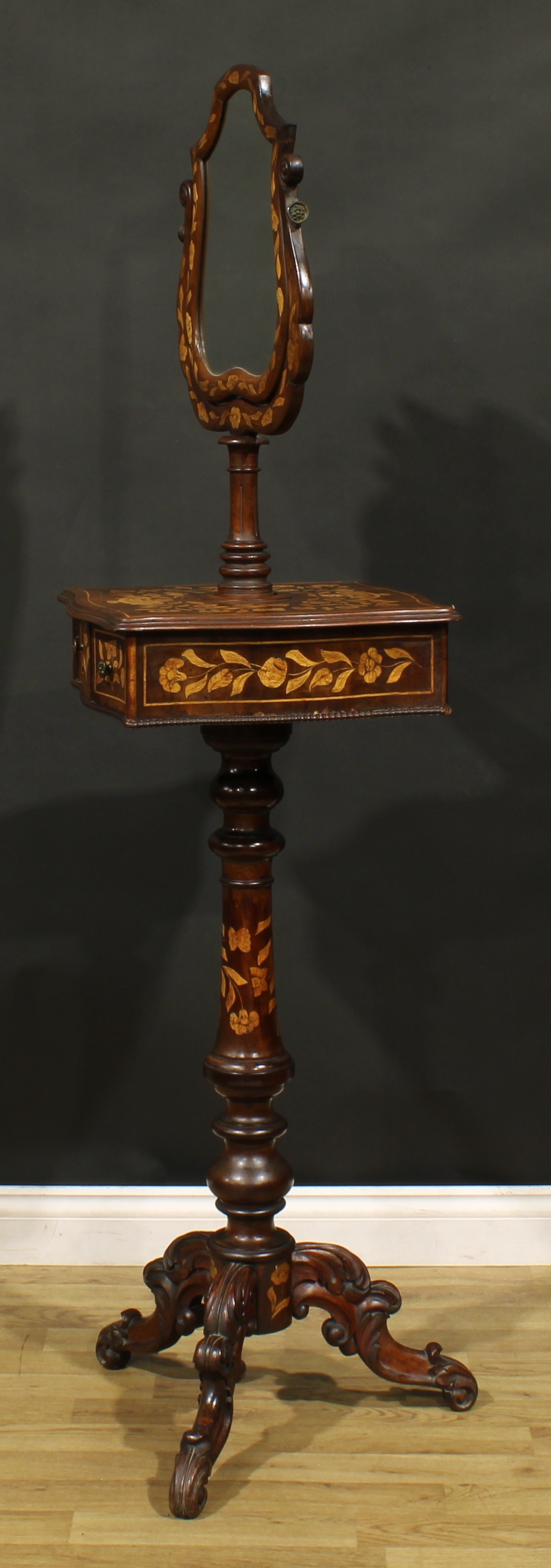 A 19th century Dutch marquetry tripod shaving stand, shaped mirror plate, serpentine square - Image 4 of 5
