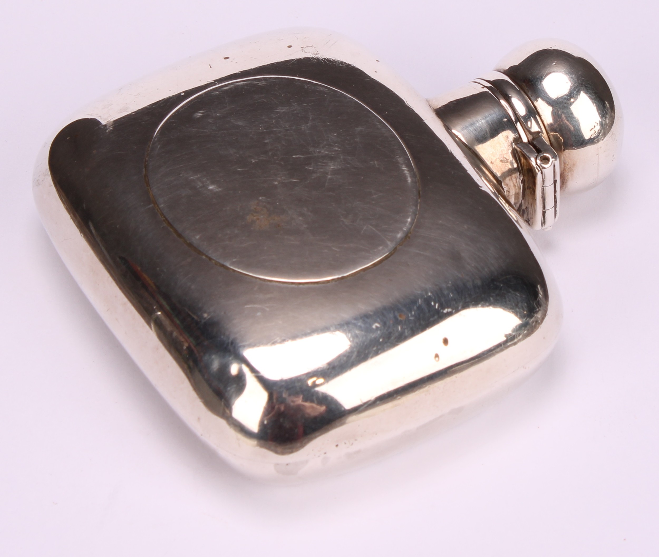 A Victorian silver curved rounded rectangular hip flask, domed hinged bayonet cap, 7.5cm wide, - Image 3 of 5
