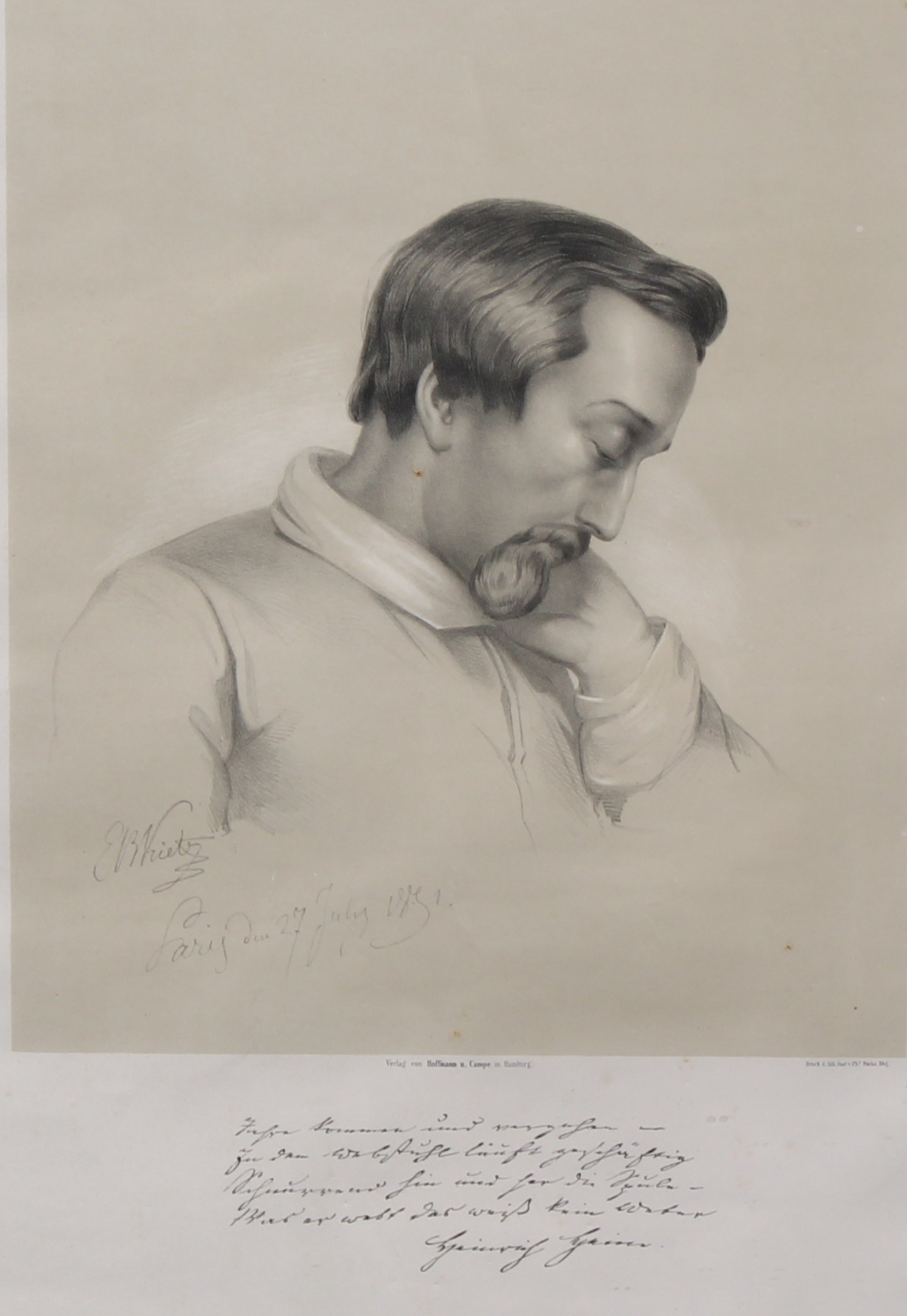 European Literature - portrait of Christian Johann Heinrich Heine (1797-1856) lithograph, 65.5cm x